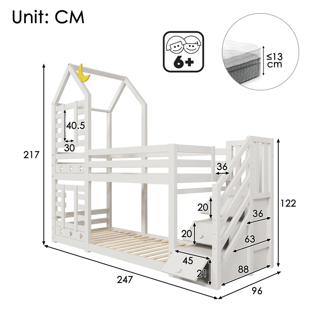 Bunk Bed Storage Children Cabin Bed Single Bed with Window for Kids, Twin Sleeper 190x90 cm, Solid Pine Wood,3FT -White(=SKU:TT30352678W)