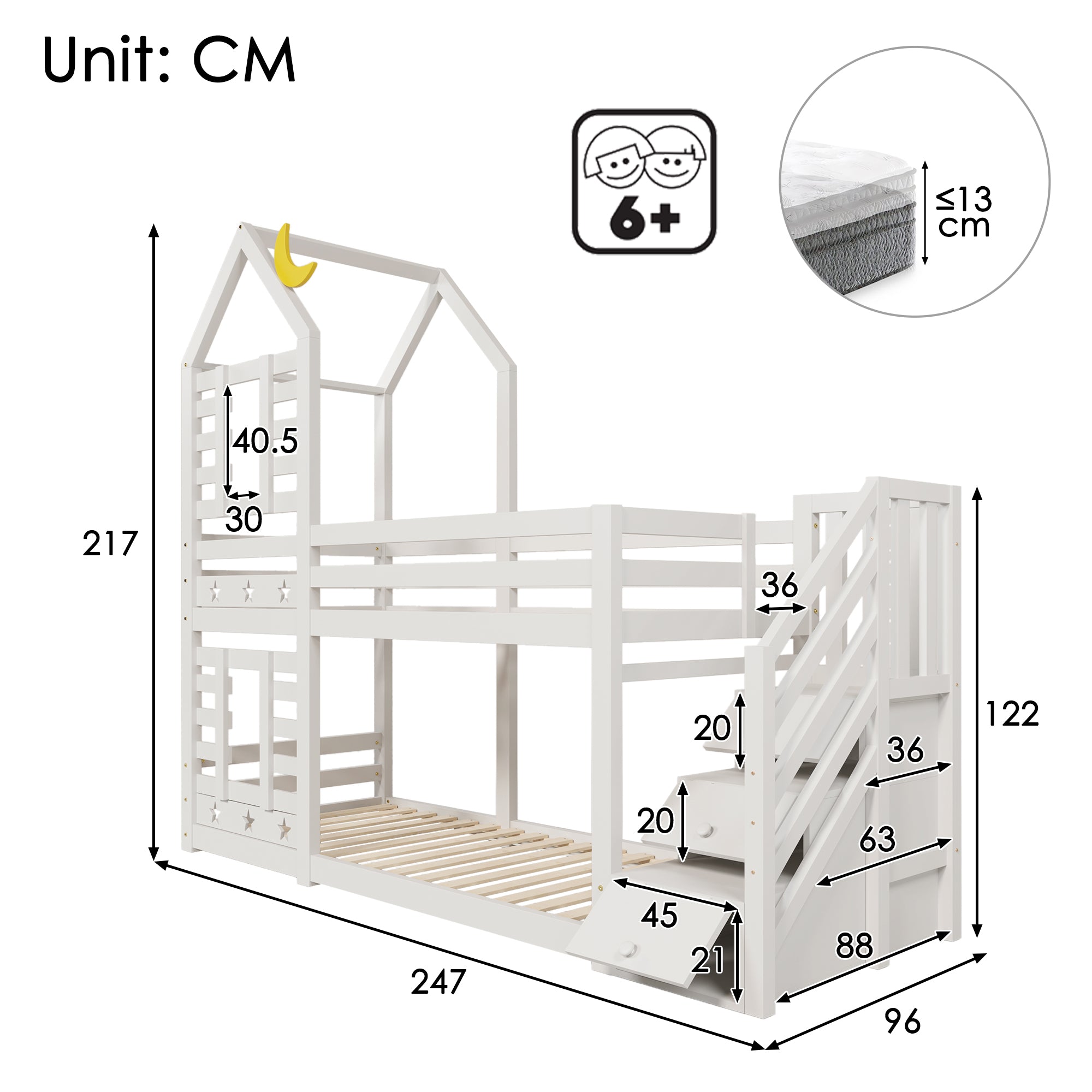 Bunk Bed Storage Children Cabin Bed Single Bed with Window for Kids, Twin Sleeper 190x90 cm, Solid Pine Wood,3FT -White(=SKU:TT30352678W)