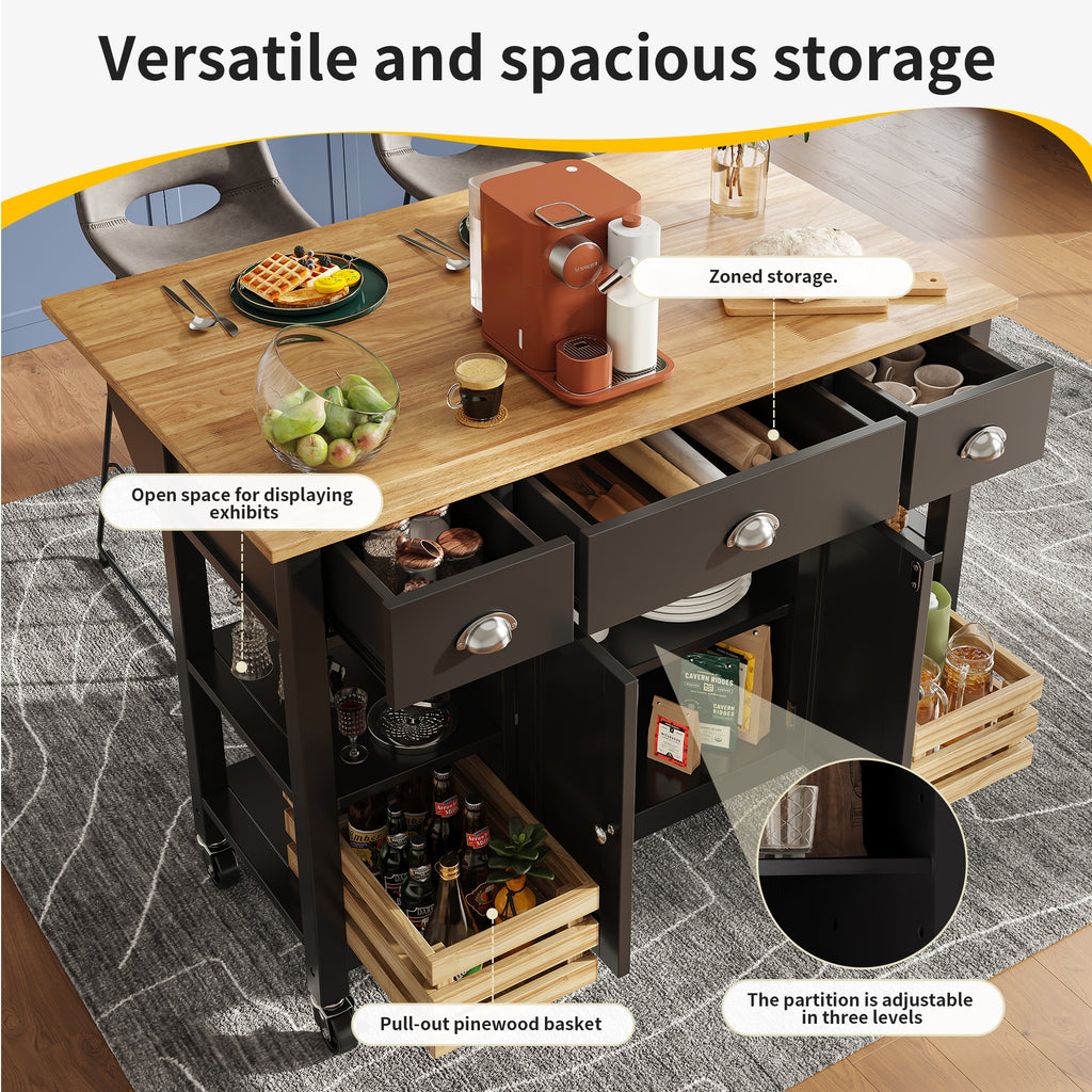 Rolling Kitchen Island Storage Trolley with Large Cabinet, 3 Drawers, Spice Rack, Adjustable Shelf, Dining Room Organiser Sideboard Cupboard Cabinet Cart, Black
