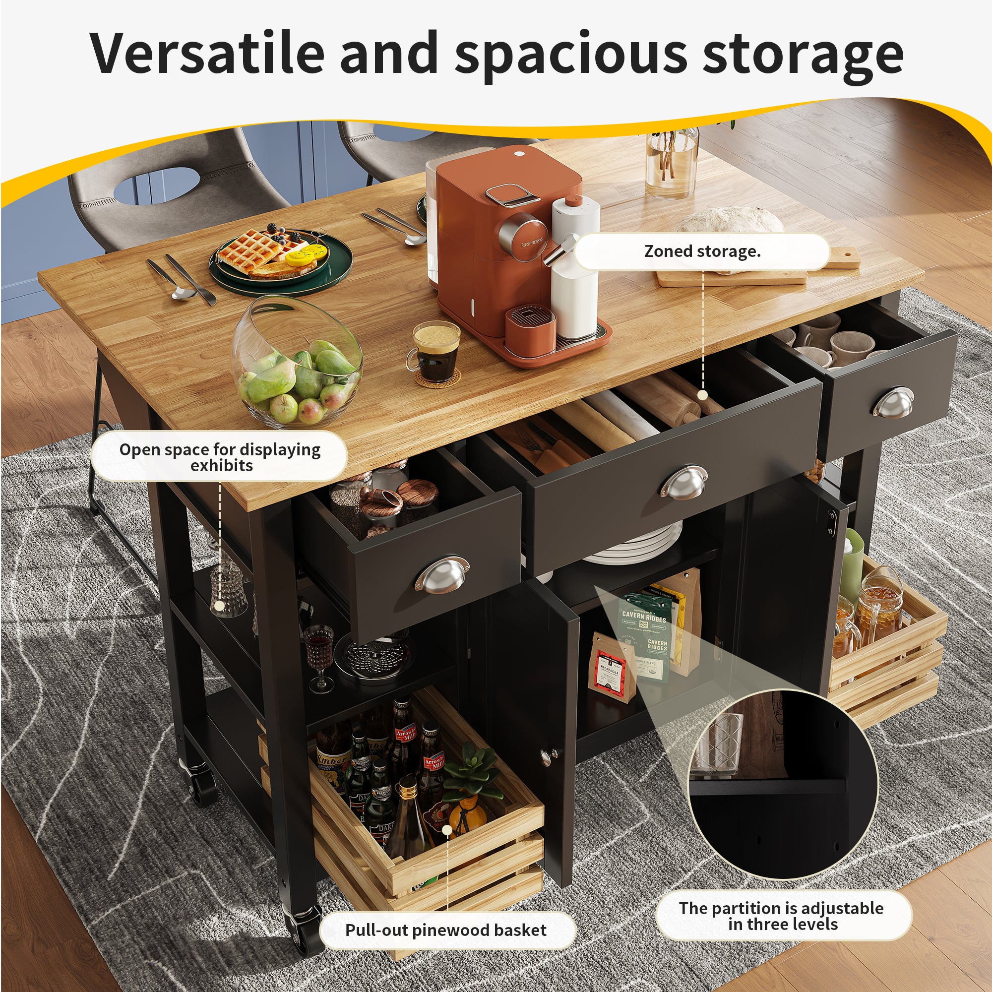 Rolling Kitchen Island Storage Trolley with Large Cabinet, 3 Drawers, Spice Rack, Adjustable Shelf, Dining Room Organiser Sideboard Cupboard Cabinet Cart, Black