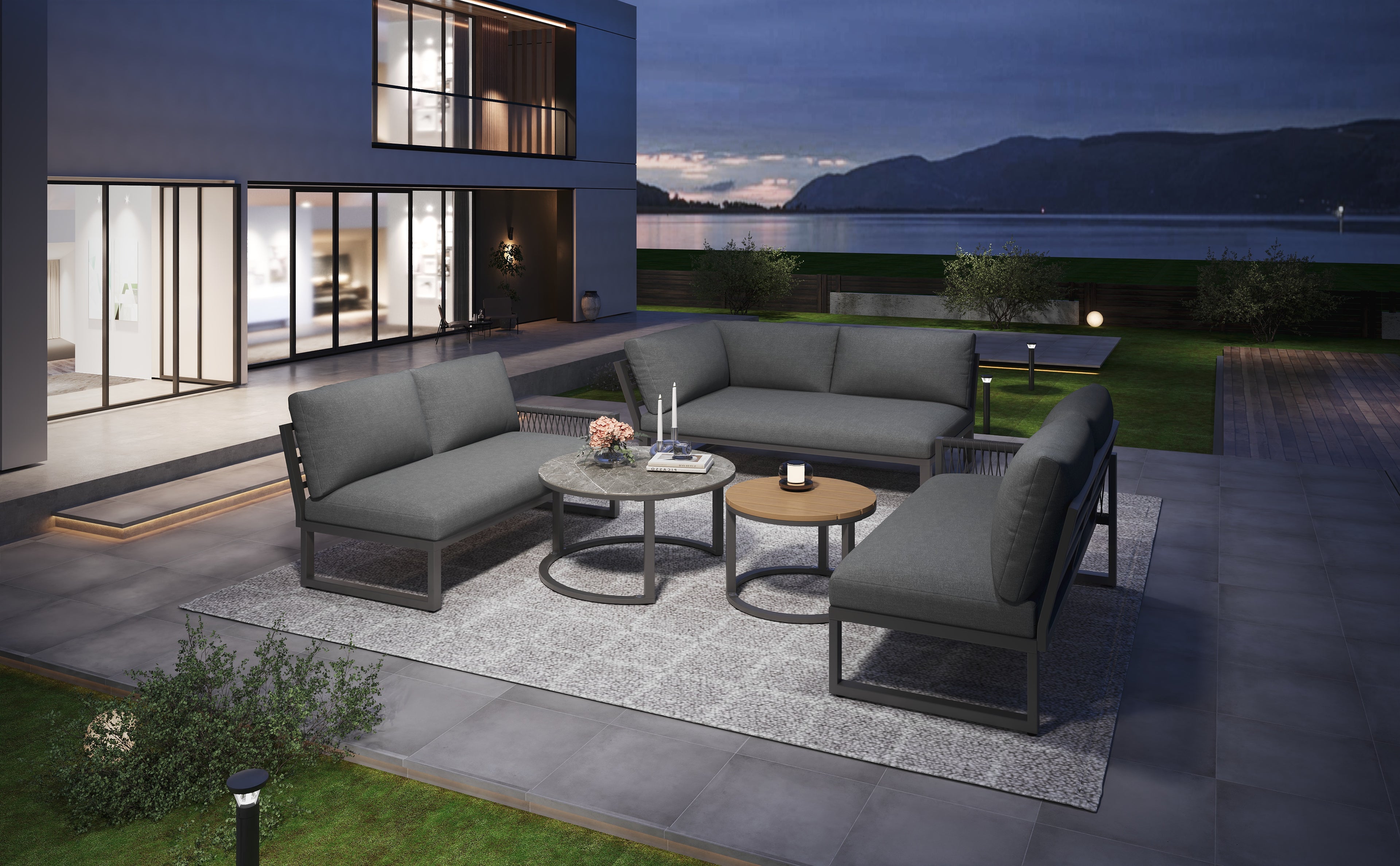 Outdoor garden lounge set, furniture set for 6-7 people, corner sofa with galvanized iron frame, adjustable legs, includes all seat and back cushions, grey