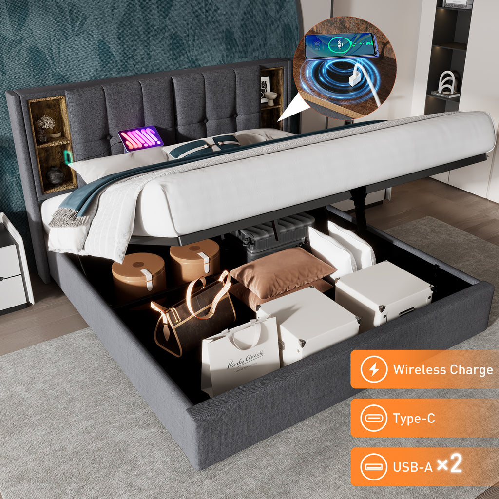 4ft6 Double Bed Frame Upholstered Bed 135 x 190 cm with Wireless Charging (USB Type-C), Hydraulic Bed with Large Storage Space, Linen Fabric, Grey(No Mattress)