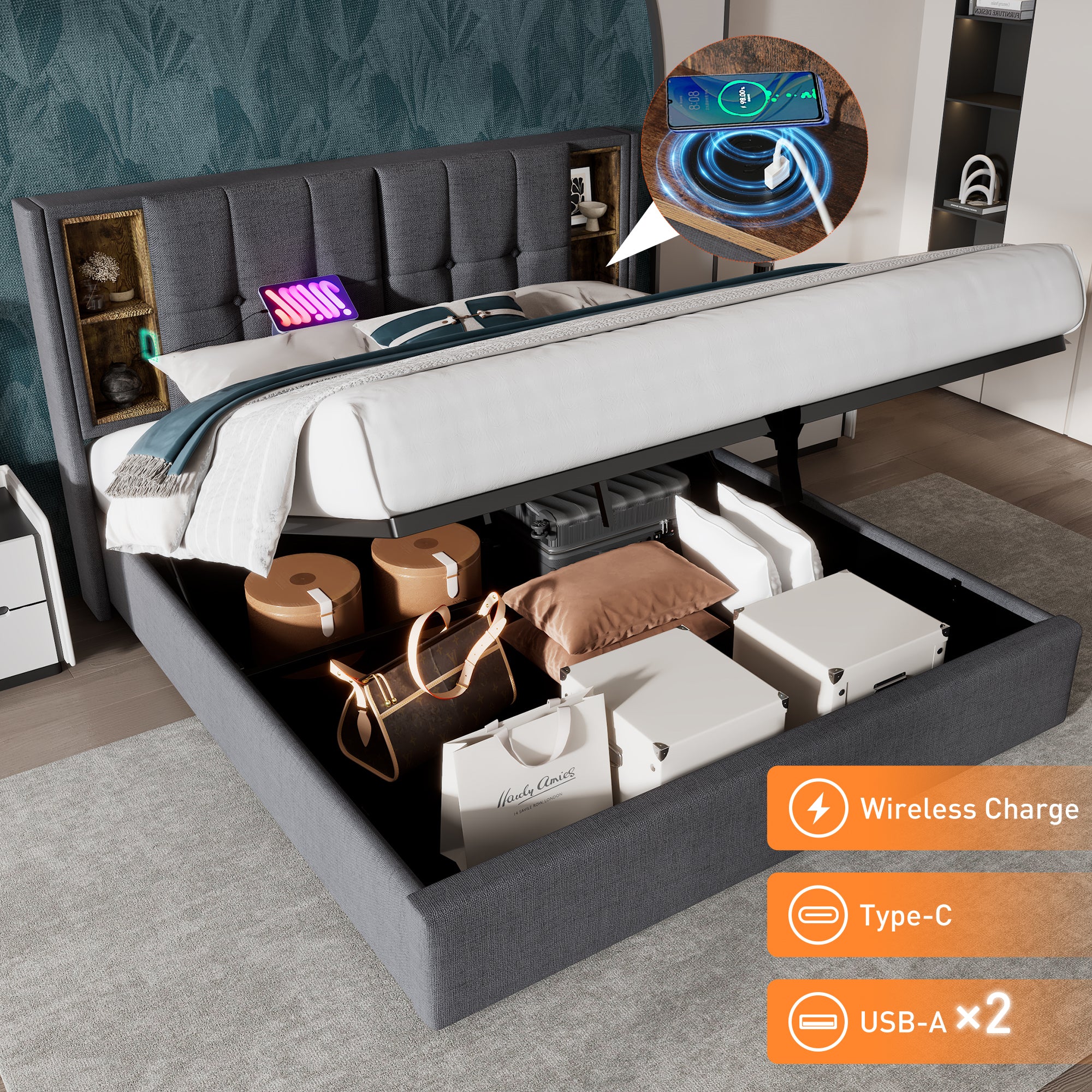 Upholstered Bed 6FT Super King Size Bed 180 x 200 cm with Wireless Charging (USB Type-C), Hydraulic Storage Bed with Hydraulic Lever, Linen Bed Frame with Large Storage Space,Grey(No Mattress)