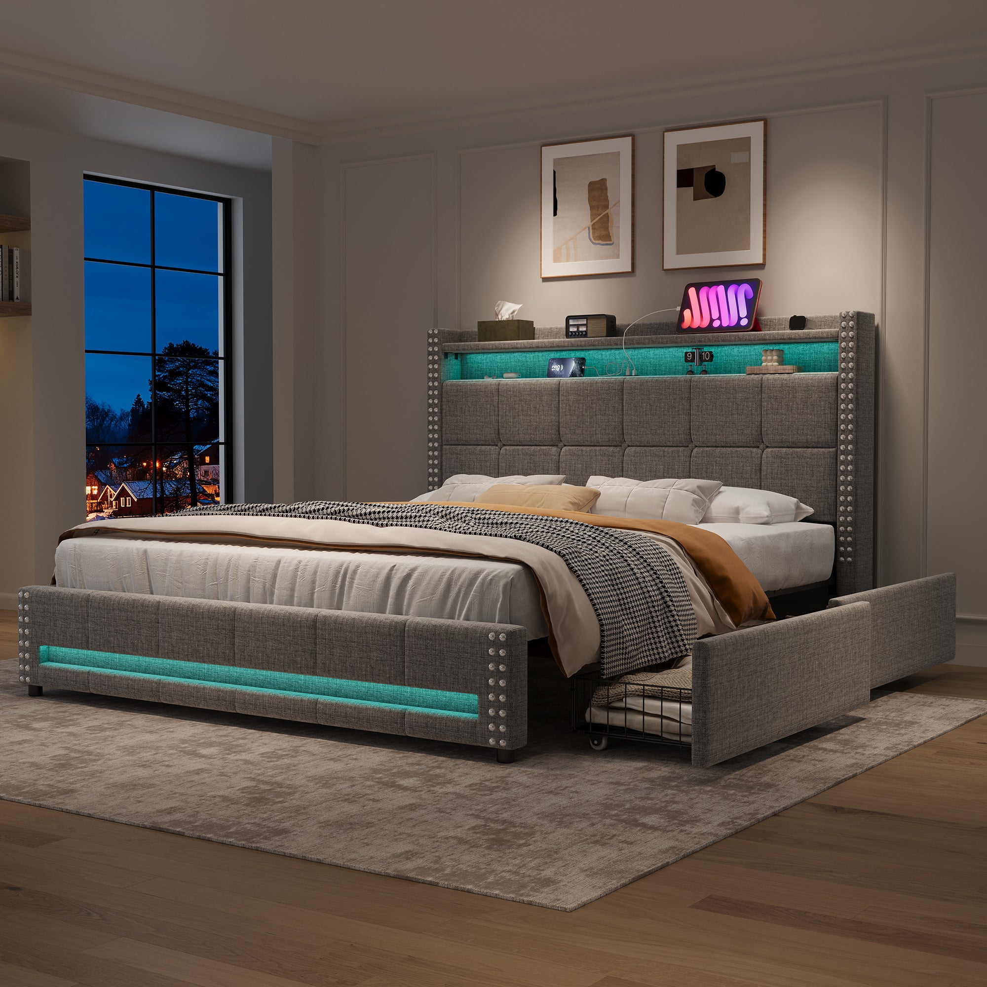 4ft6 Double Upholstered Bed with 4 Storage Drawers, LED Rivet  Storage Bed with Charging Station, Button Tufted Headboard with USB and Type-C Ports, Linen, Grey (No Mattress)