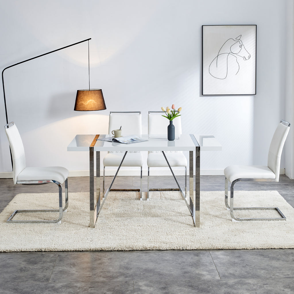 Modern dining chairs set of 2, backrest made of PU faux leather and linen, high back padded side chair, horizontal stripes backrest design for dining room, kitchen, guest office chair, white