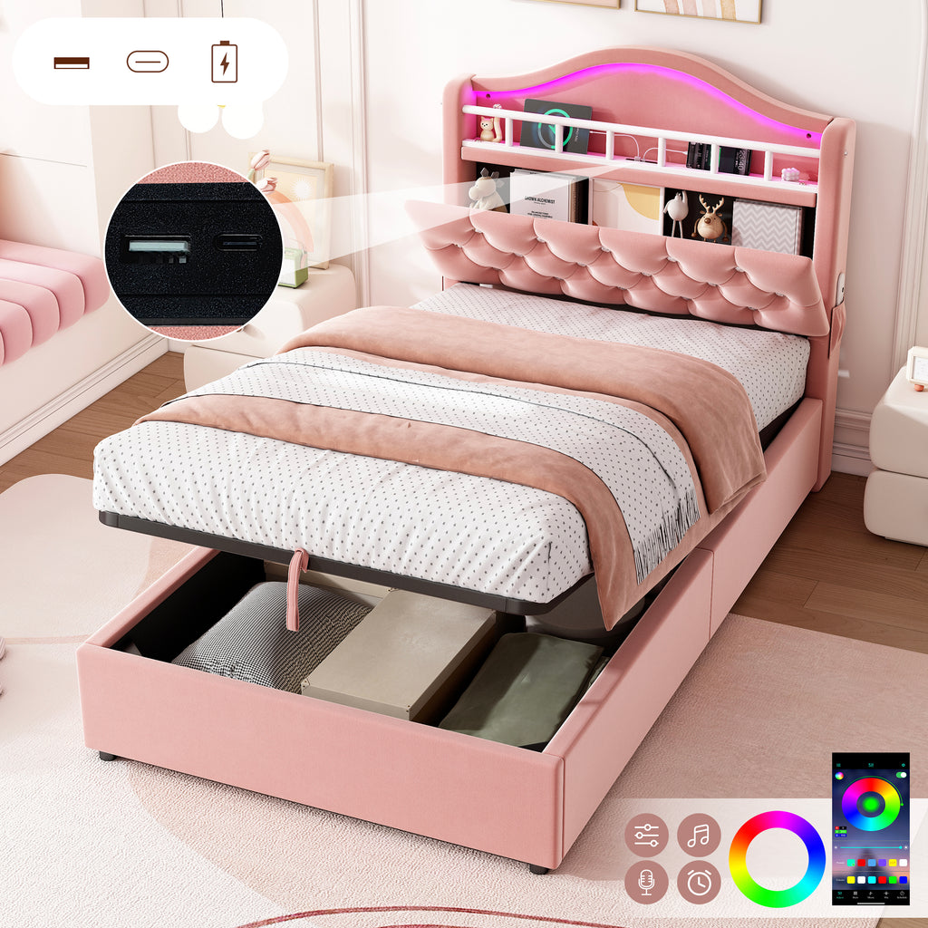 3ft Single Hydraulic Bed in Velvet, LED Bed Frame with Charging Station & Diamond Tufted Headboard, Multi-zone Storage, Solid & Stable Base, Pink (No Mattress)