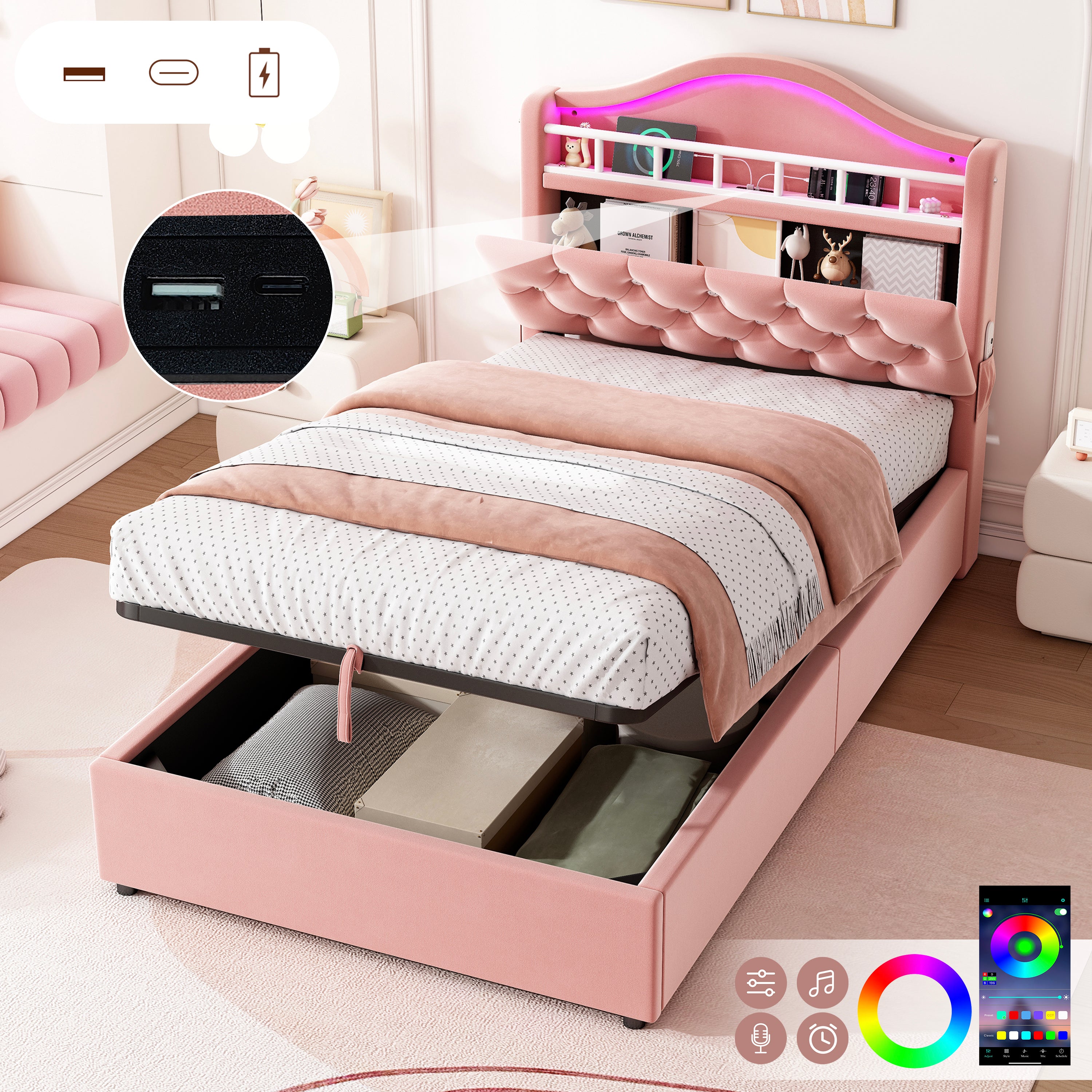 3ft Single Hydraulic Bed in Velvet, LED Bed Frame with Charging Station & Diamond Tufted Headboard, Multi-zone Storage, Solid & Stable Base, Pink (No Mattress)