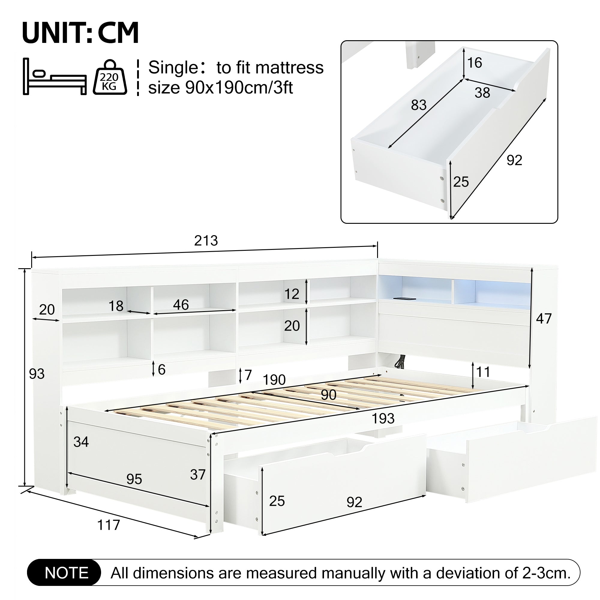 3ft Single Daybed with Two Storage Drawers and Beside Storage, LED Modern Bed frame with Charging Station, Wood Bed for Living Room/ Bedroom/ Study Room, 90X190cm, Easy Assembly, White (No Mattress)