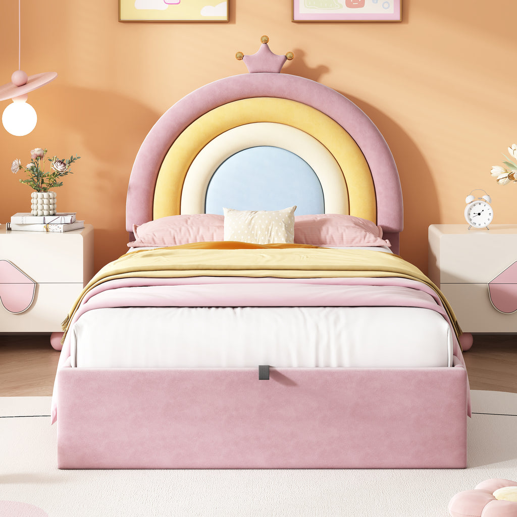 3ft Single Upholstered Hydraulic Bed with Adjustable Rainbow Headboard, Soft Velvet Bed Frame with Hydraulic Storage, Stylish Rainbow Headboard with Crown, No Box Spring Needed, Pink (No Mattress)