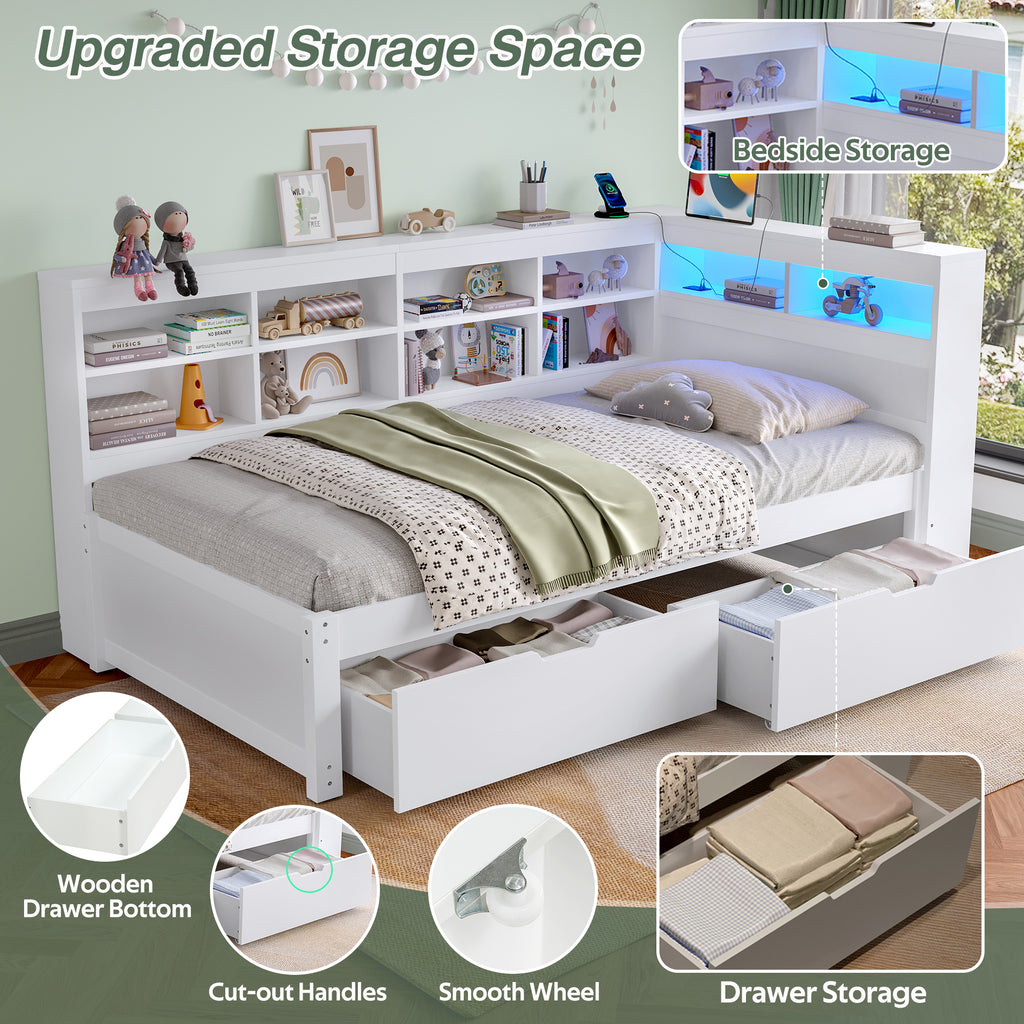 3ft Single Daybed with Two Storage Drawers and Beside Storage, LED Modern Bed frame with Charging Station, Wood Bed for Living Room/ Bedroom/ Study Room, 90X190cm, Easy Assembly, White (No Mattress)