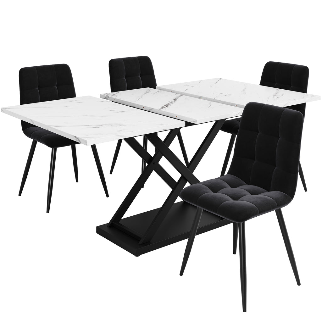 Dining set (5-piece), extendable dining table set for 4 people, 160×80×75cm dining table with 4 dining chairs, black velvet dining chairs, white marble dining table