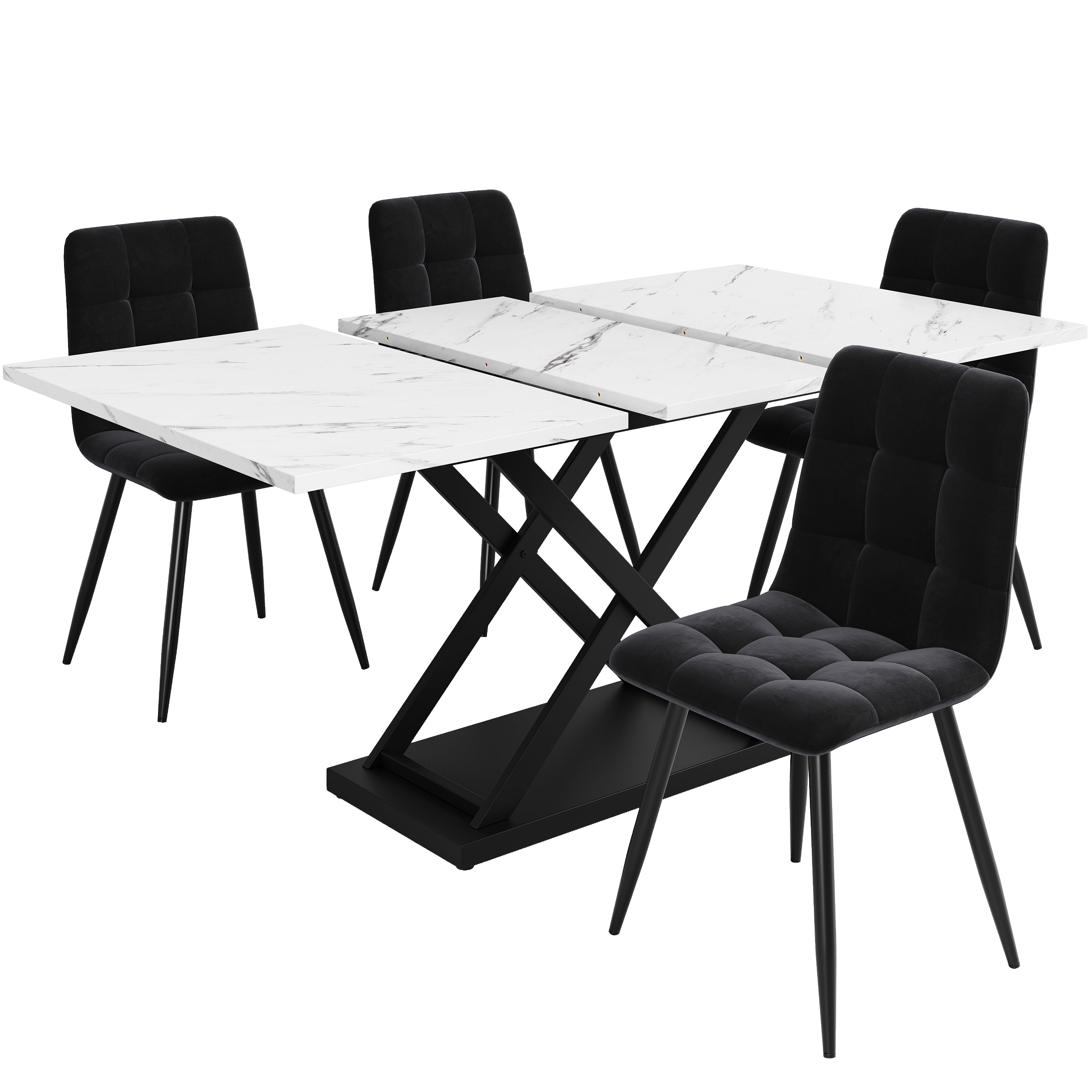 Dining set (5-piece), extendable dining table set for 4 people, 160×80×75cm dining table with 4 dining chairs, black velvet dining chairs, white marble dining table