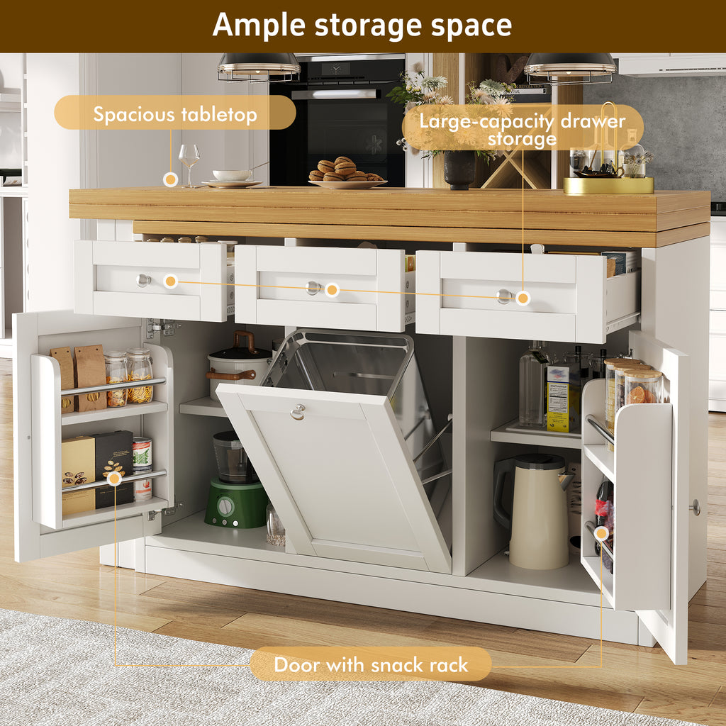 Extendable bar table with storage space, fold-out dining table with drawer and snack tray, pull-out bin holder (bin not included), space-saving design for small flats, kitchens, balconies,
White