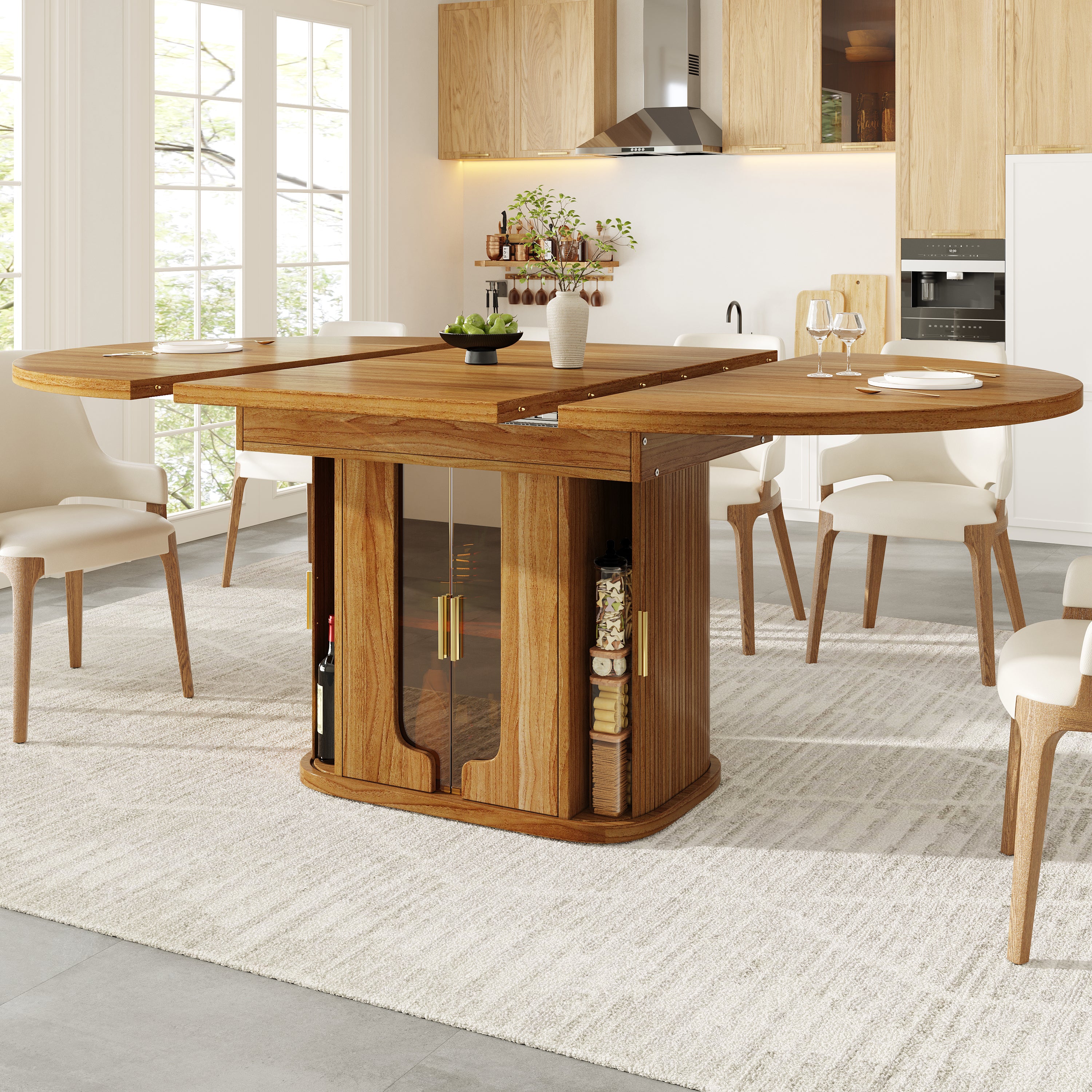 Extendable dining table, dining room table, kitchen table, round dining table, extends to oval, 118-158 cm, seats up to 6 people, dining table with glass doors, Walnut