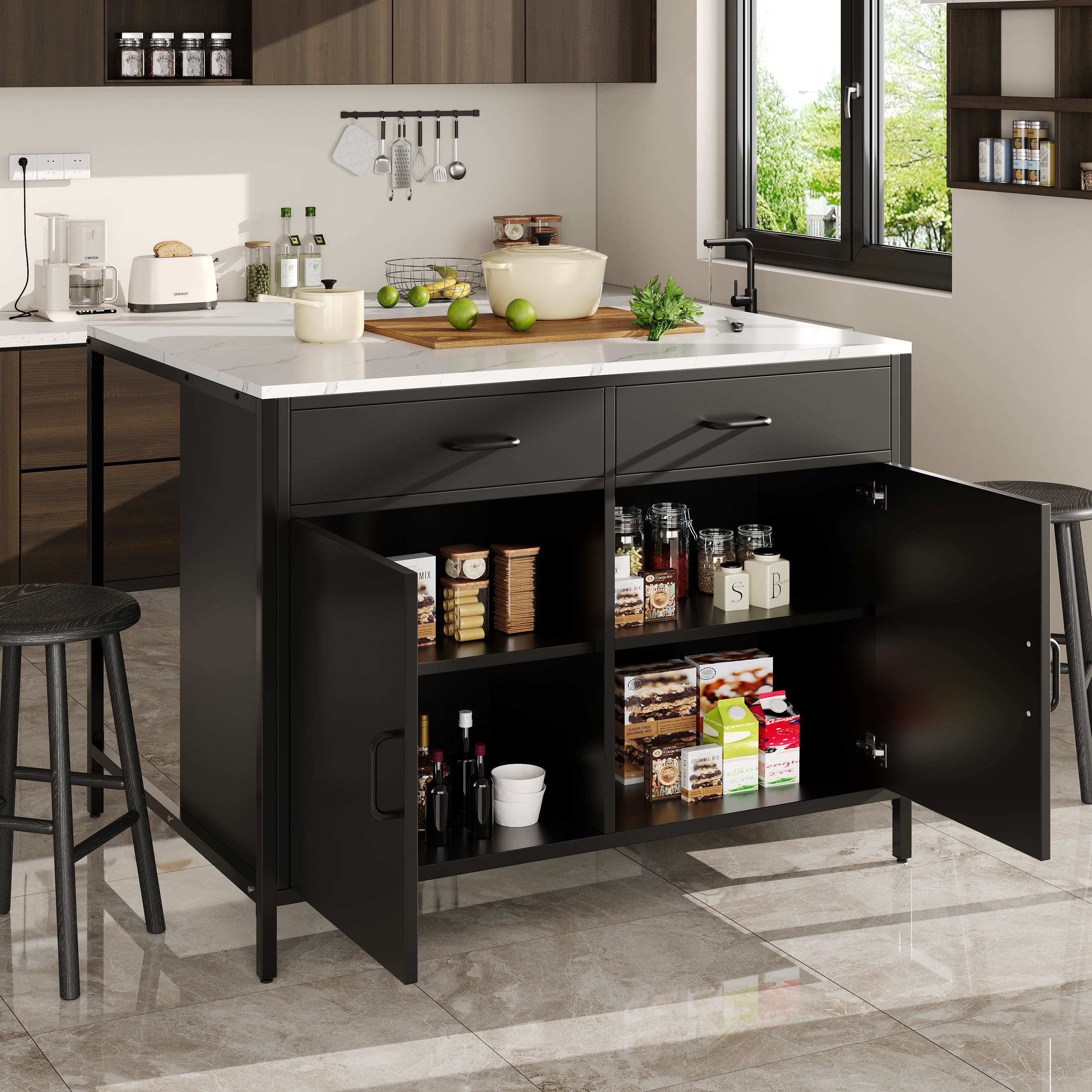 Standing Desk, Kitchen Countertop, Simple and Modern, Coffee Bar Table, Suitable for Living Room, Dining Room, Marble Pattern Tabletop, Adjustable Feet, Black