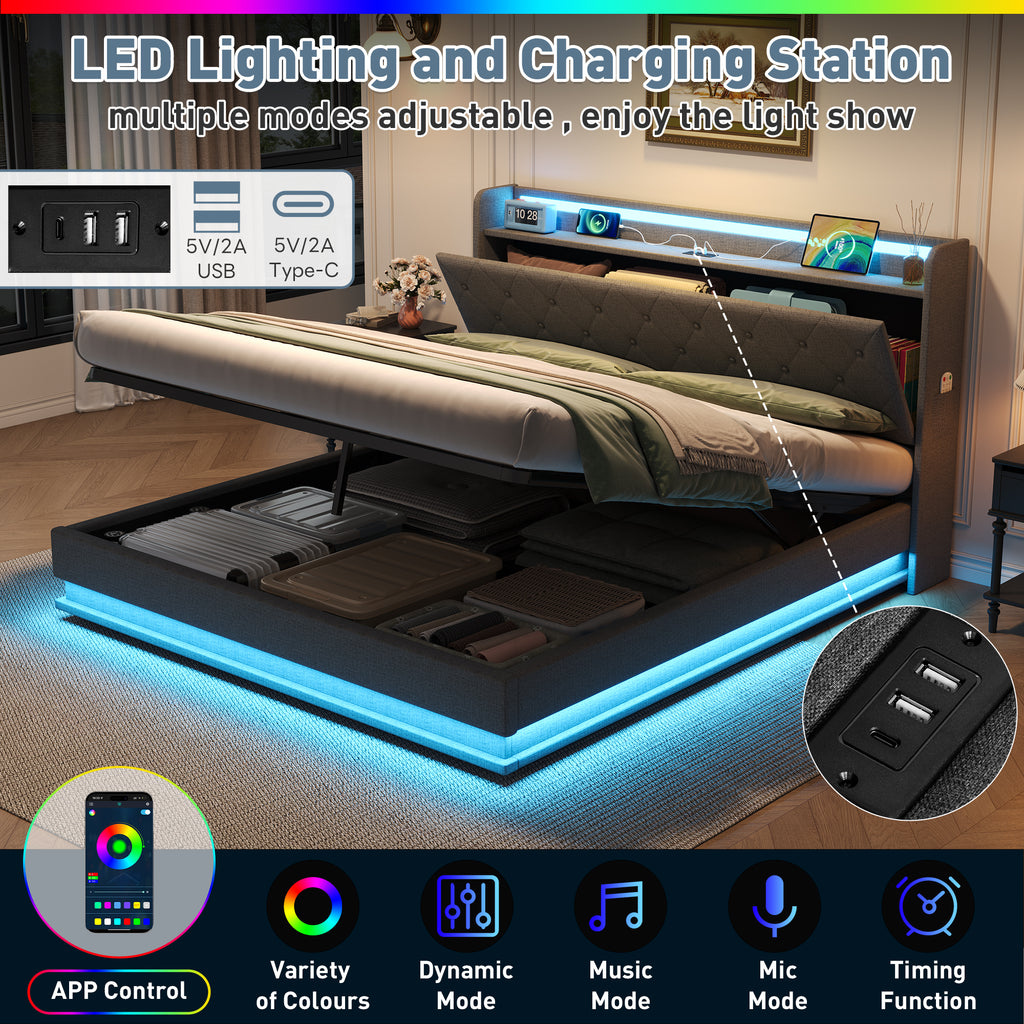 4ft6 Double Upholstered Bed Frame with Hydraulic Storage,  LED Button Tufted Headboard with Charging Station and Concealed Headboard Storage, USB and Type - C Ports, Linen, Grey (No Mattress)