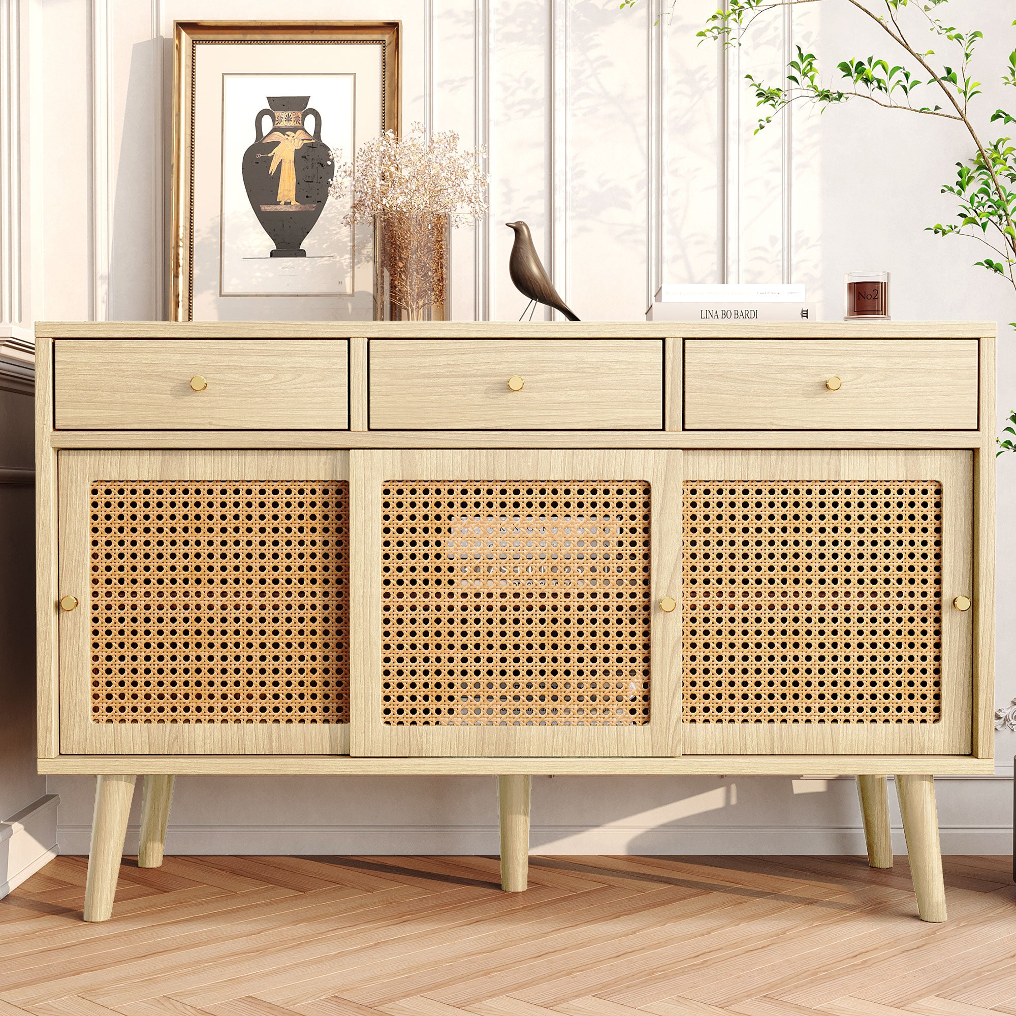 Modern retro rattan door sideboard 120*40*78cm, three drawer storage cabinet, wooden frame, stylish leg design, suitable for living room, dining room and entrance