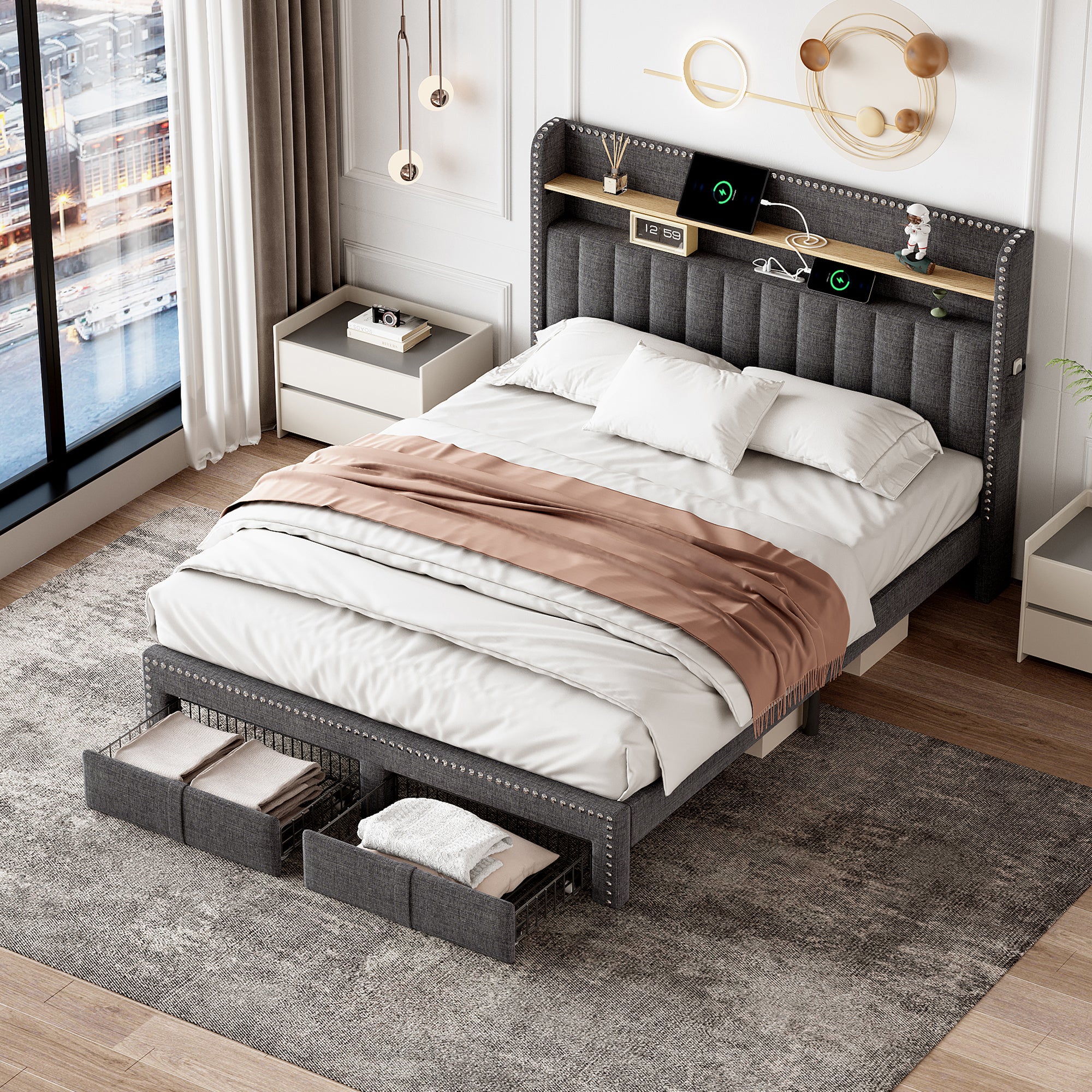 4ft6 Double Upholstered Bed with 2 Storage Drawers, Riveted Storage Bed with Charging and Lighting, Linen Platform Bed Frame No Box Spring Needed, Easy Assembly, Grey (No Mattress)