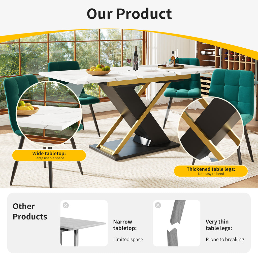 Extendable dining table (120–160 × 80 cm), kitchen/living room table, extendable table, extendable to 160 cm with the aid of an internal insert panel, dining table with golden cross legs
