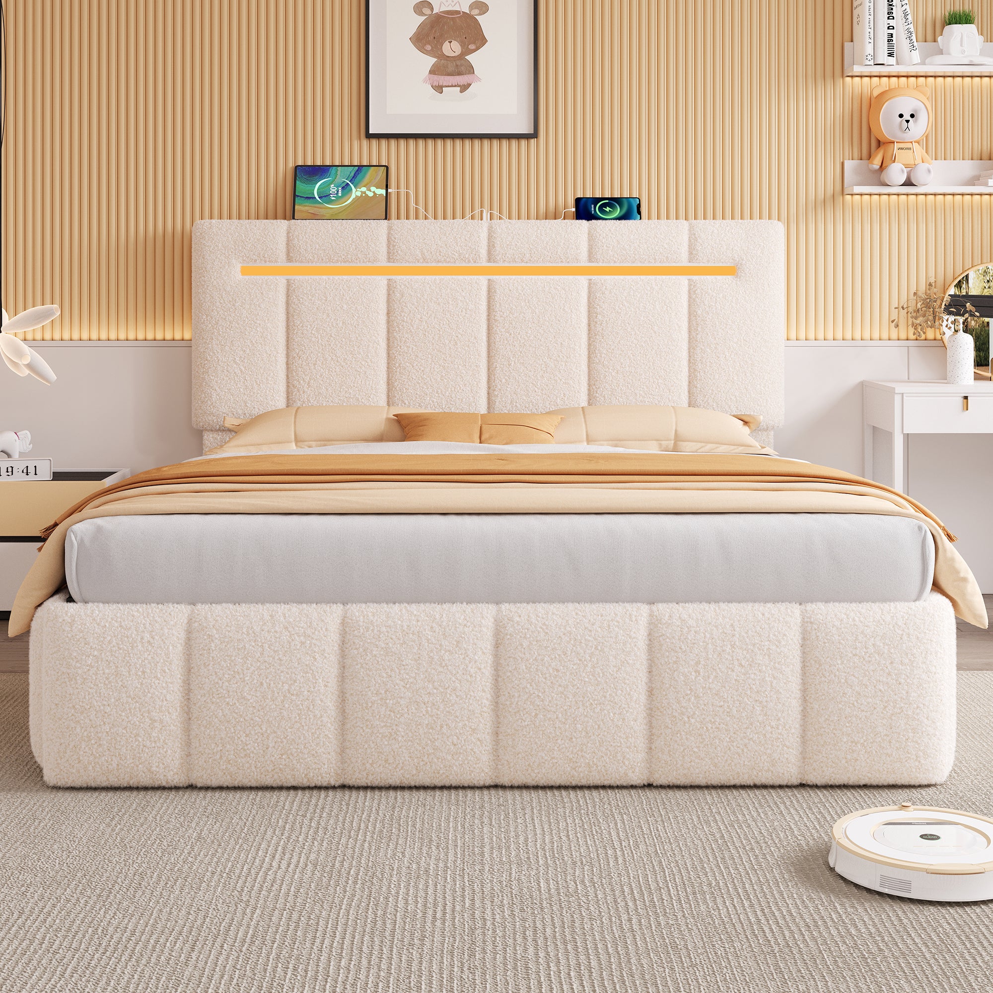 5ft King Upholstered Bed Frame with Hydraulic Storage,  LED Channel Tufted Adjustable Headboard with Charging Station, USB and Type - C Ports, Boucle Fabric, Beige (No Mattress)