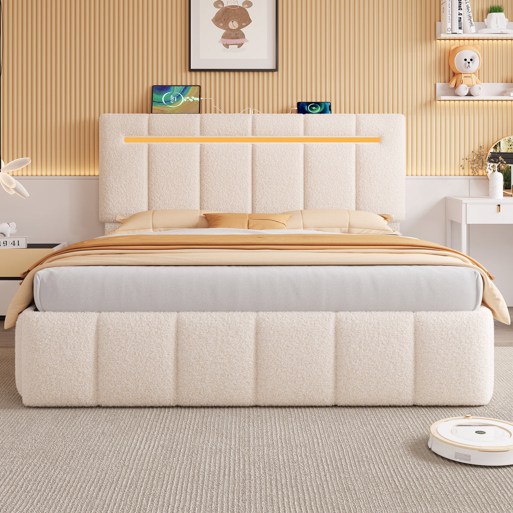 4ft6 Double Upholstered Bed Frame with Hydraulic Storage,  LED Channel Tufted Adjustable Headboard with Charging Station, USB and Type - C Ports, Boucle Fabric, Beige (No Mattress)