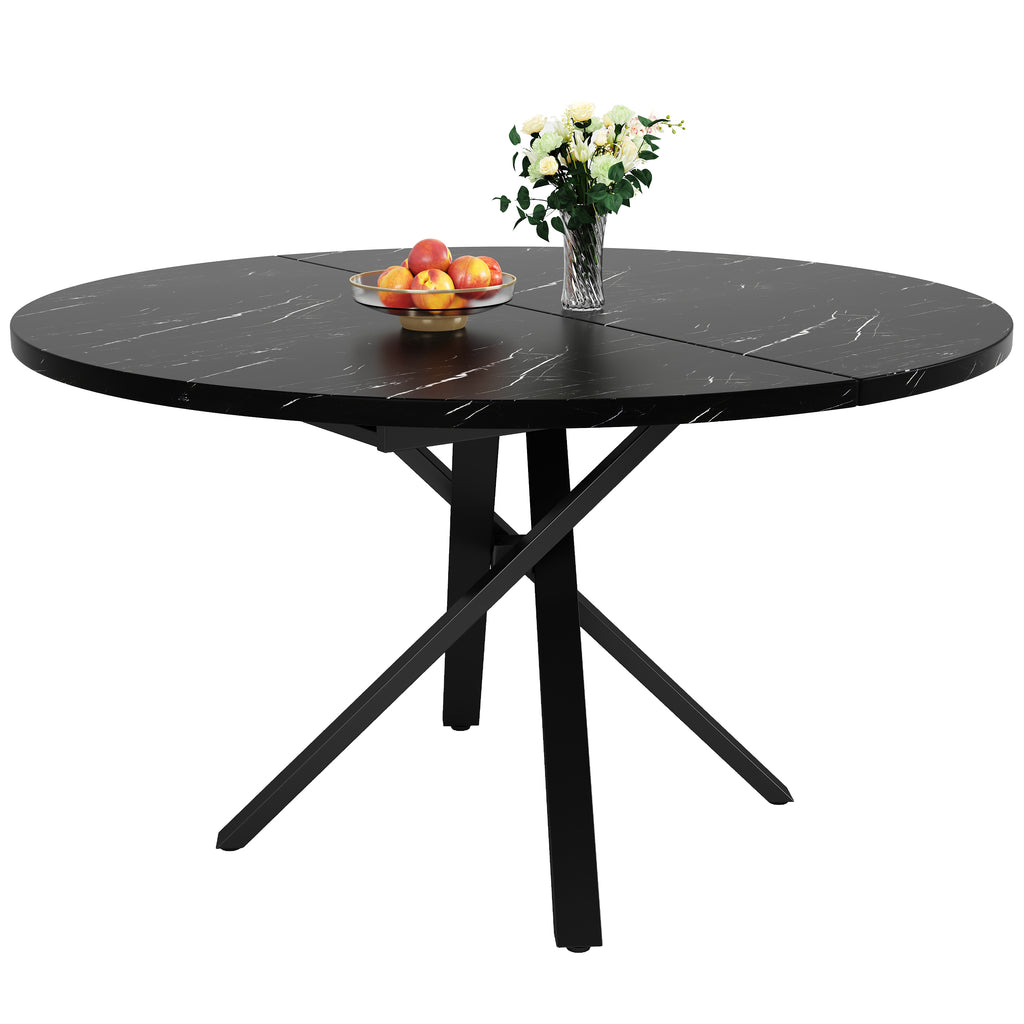 Round extendable table with marble look - 100 cm (extendable to 140 cm) x 75.5 cm high - With sturdy X-shaped metal frame in black - Ideal as a kitchen table or breakfast table