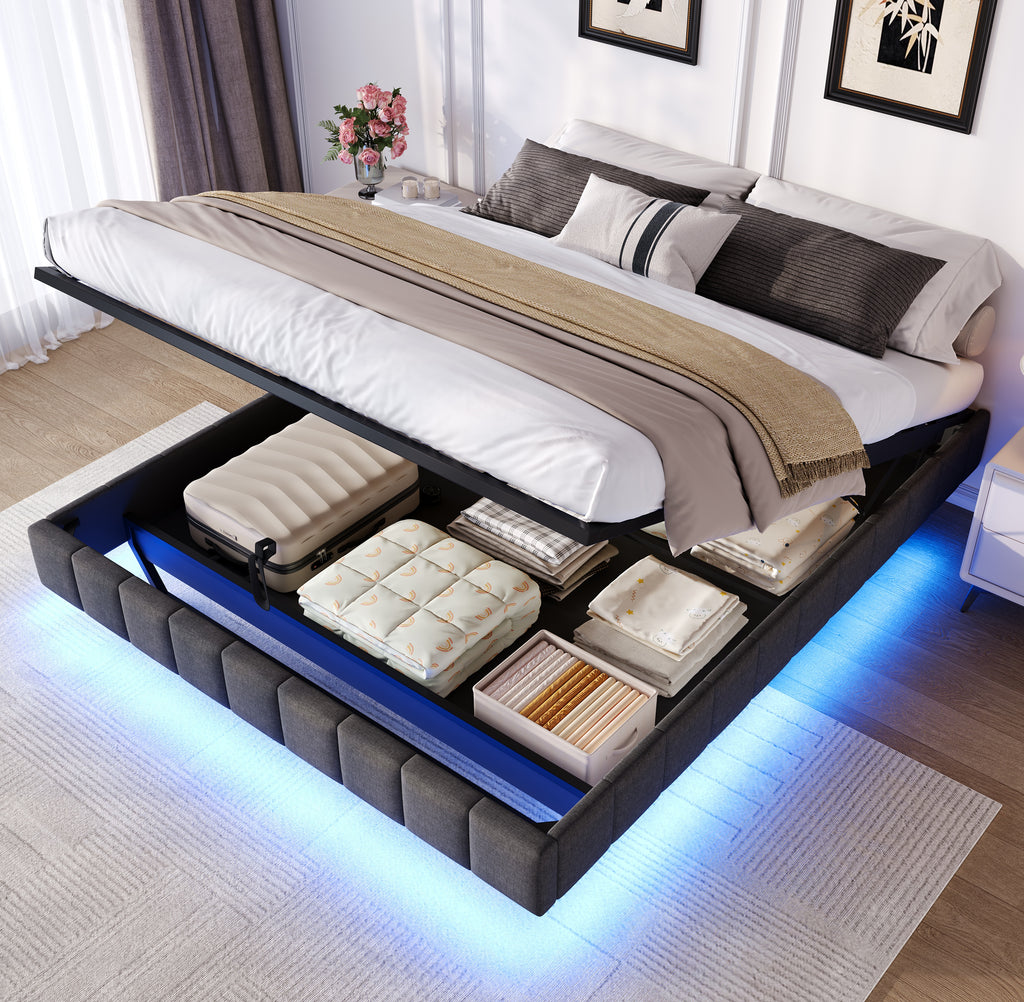 4ft6 Double Floating Bed Frame with Hydraulic Under-bed Storage & Smart RGB LED Lights, No Headboard Upholstered Bed with Concealed Anti-Collision Leg, Linen Fabric, Grey (No Mattress)