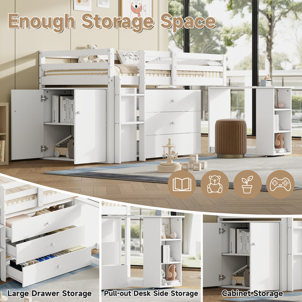 3ft Single Modern Wood Bed with Pull-out Desk, Wooden Children's Cabin Bed with 3 Drawers, Storage Cabinet & Shelves, Flexible Two-way Installation, Space-saving Loft Bed, White (No Mattress)