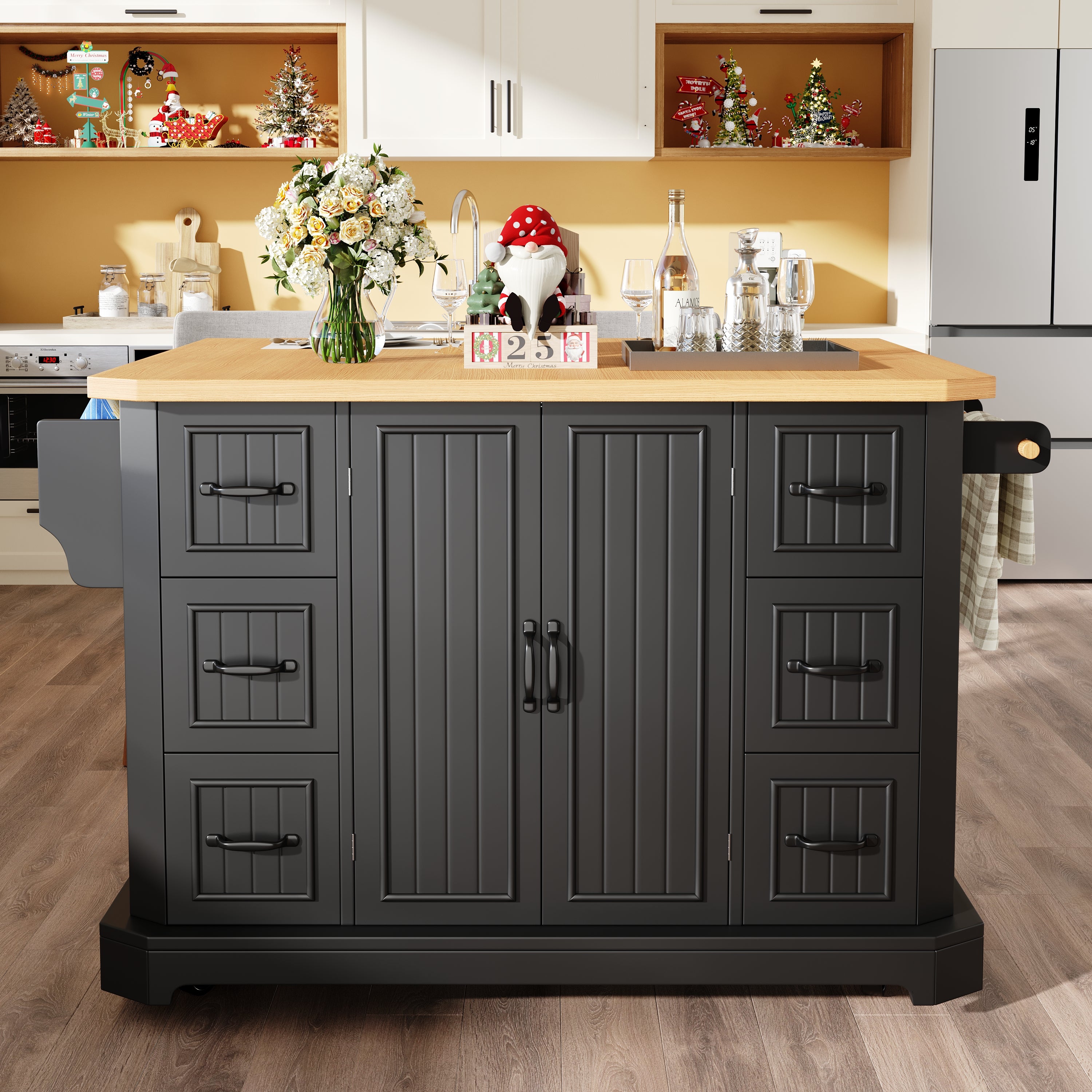 Mobile Kitchen Island Cart on Wheels - Cabinet with 2 Doors & 6 Drawers, Adjustable Width 45-75cm, White/Black