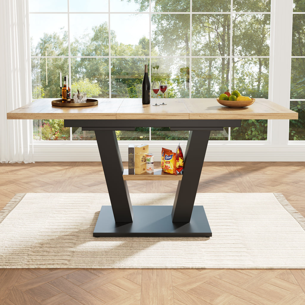 Extendable dining table (118-157×70×75cm), table, kitchen table,extendable to 118-157cm with the help of internal insert leaves, for kitchen and living room, wood-colored dining table
