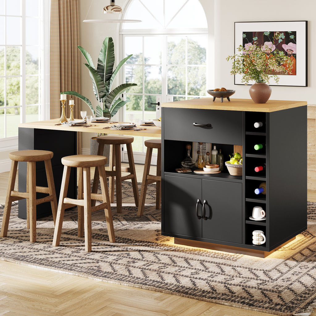 Extendable Kitchen Island with Dining Table, Multifunctional Storage Cabinet with Drawers, Doors, Wine Rack & LED Light, for Kitchen & Dining Room