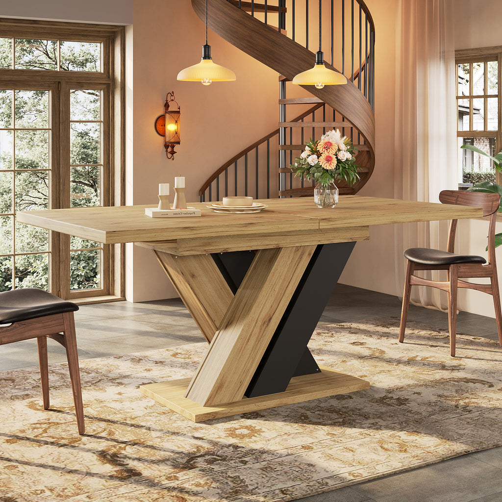 Dining table Telescopic table ,  kitchen table, extendable to 119-158.5cm with the aid of internal insert panels, for kitchen and living room, wood-colored dining table with X-shaped legs