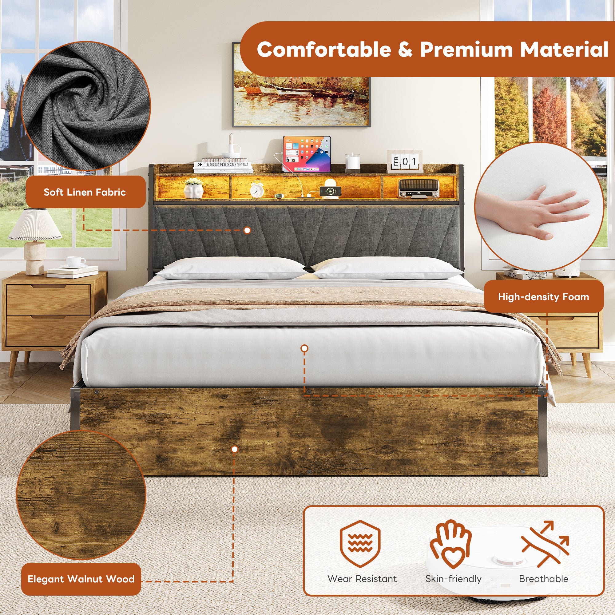 5ft King Bed Frame with Hydraulic Storage, RGB LED Storage Headboard with Charging Station, USB and Type-C Ports, No Box Spring Needed, Easy Assembly, Black+Walnut (No Mattress)