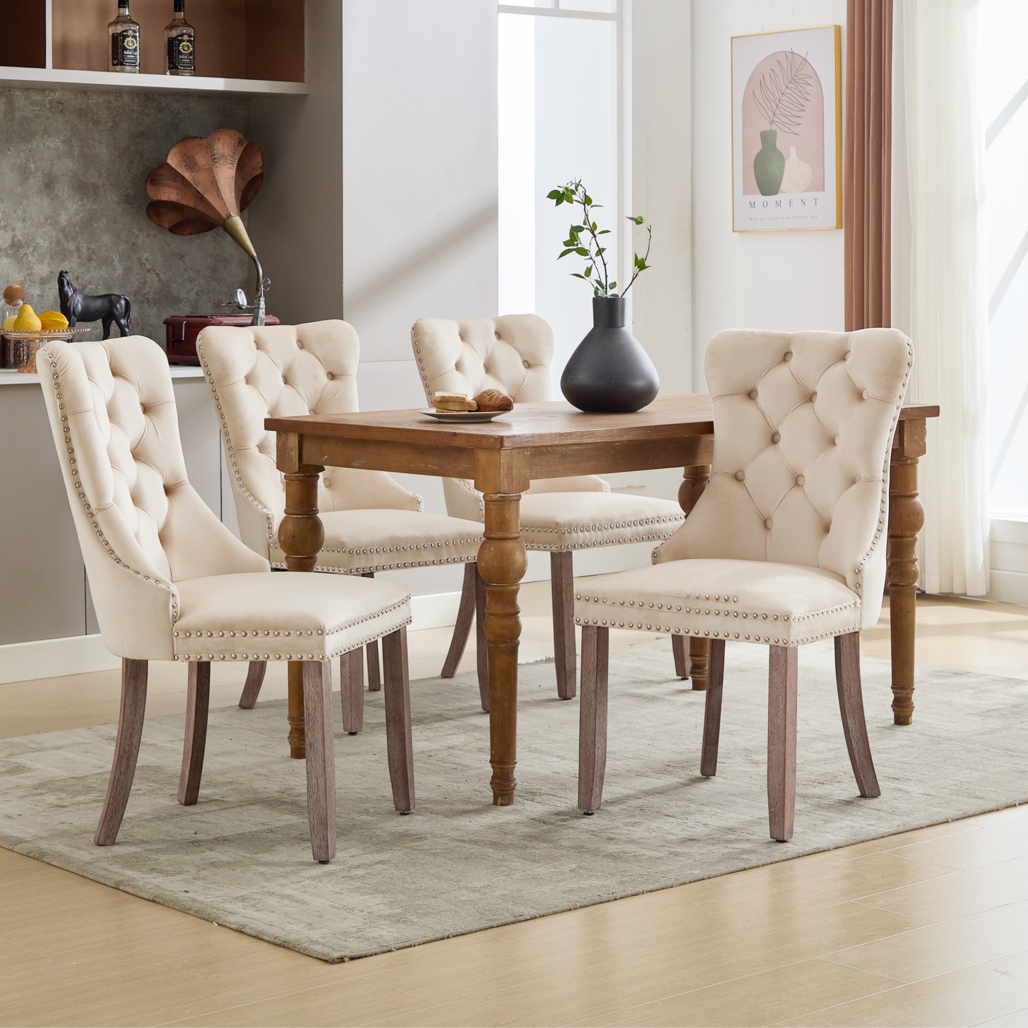 Modern Set of 4 Upholstered Velvet Dining Chairs, Button Tufted Kitchen Lounge Chairs with Brushed Wood Legs, Riveted Trim and Knocker Ring, for Dining Room Living Room, Beige