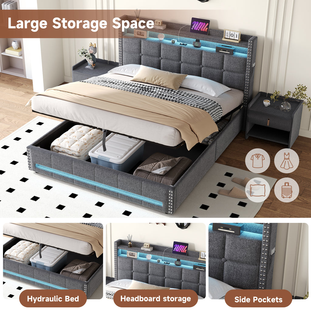 5ft King Upholstered Bed with Hydraulic Storage, LED Rivet  Storage Bed with Charging Station, Button Tufted Headboard with USB and Type - C Ports, No Box Spring Needed, Linen,  Grey (No Mattress)