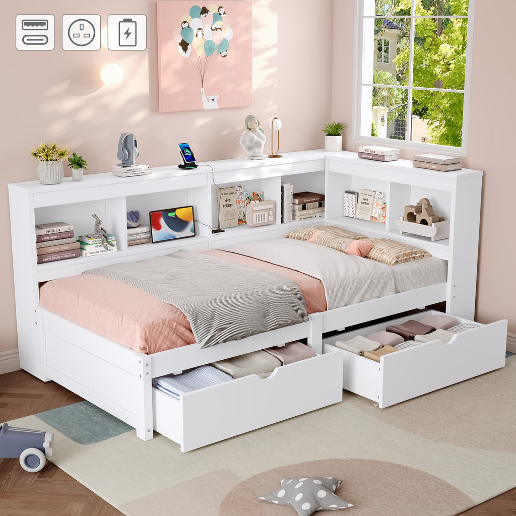 3ft Single L-Shape Daybed with Two Storage Drawers and Bookcase Storage, Modern Bed Frame with Charging Station, Wood Bed for Living Room/ Bedroom/ Study Room, 90X190cm, White (No Mattress)