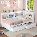 3ft Single L-Shape Daybed with Two Storage Drawers and Bookcase Storage, Modern Bed Frame with Charging Station, Wood Bed for Living Room/ Bedroom/ Study Room, 90X190cm, White (No Mattress)