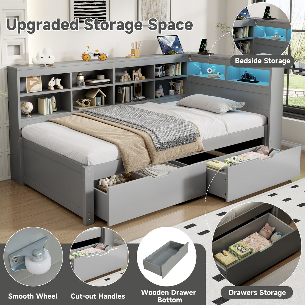 3ft Single Daybed with Two Storage Drawers and Beside Storage, LED Modern Bed frame with Charging Station, Wood Bed for Living Room/ Bedroom/ Study Room, 90X190cm, Easy Assembly, Grey (No Mattress)