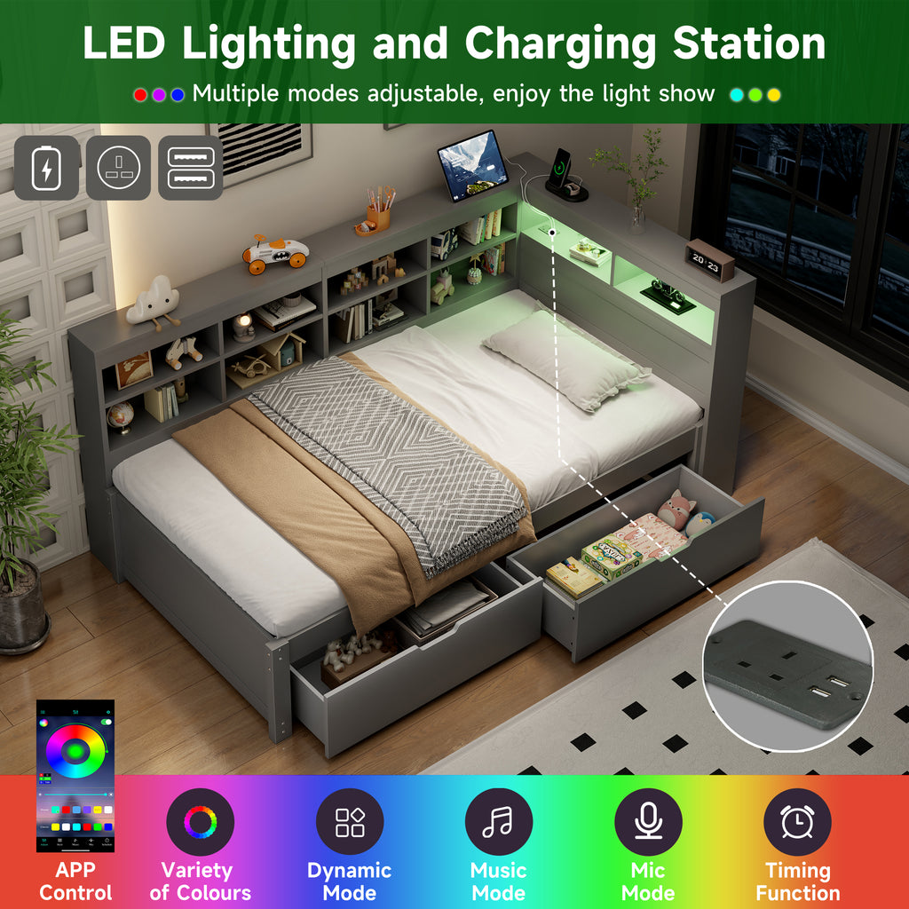 3ft Single Daybed with Two Storage Drawers and Beside Storage, LED Modern Bed frame with Charging Station, Wood Bed for Living Room/ Bedroom/ Study Room, 90X190cm, Easy Assembly, Grey (No Mattress)