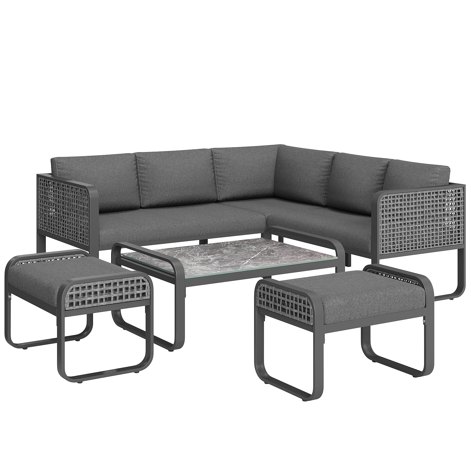 Outdoor garden lounge set, rattan furniture set for 6-7 people, corner sofa with galvanised iron frame, adjustable legs, includes all seat and back cushions, grey