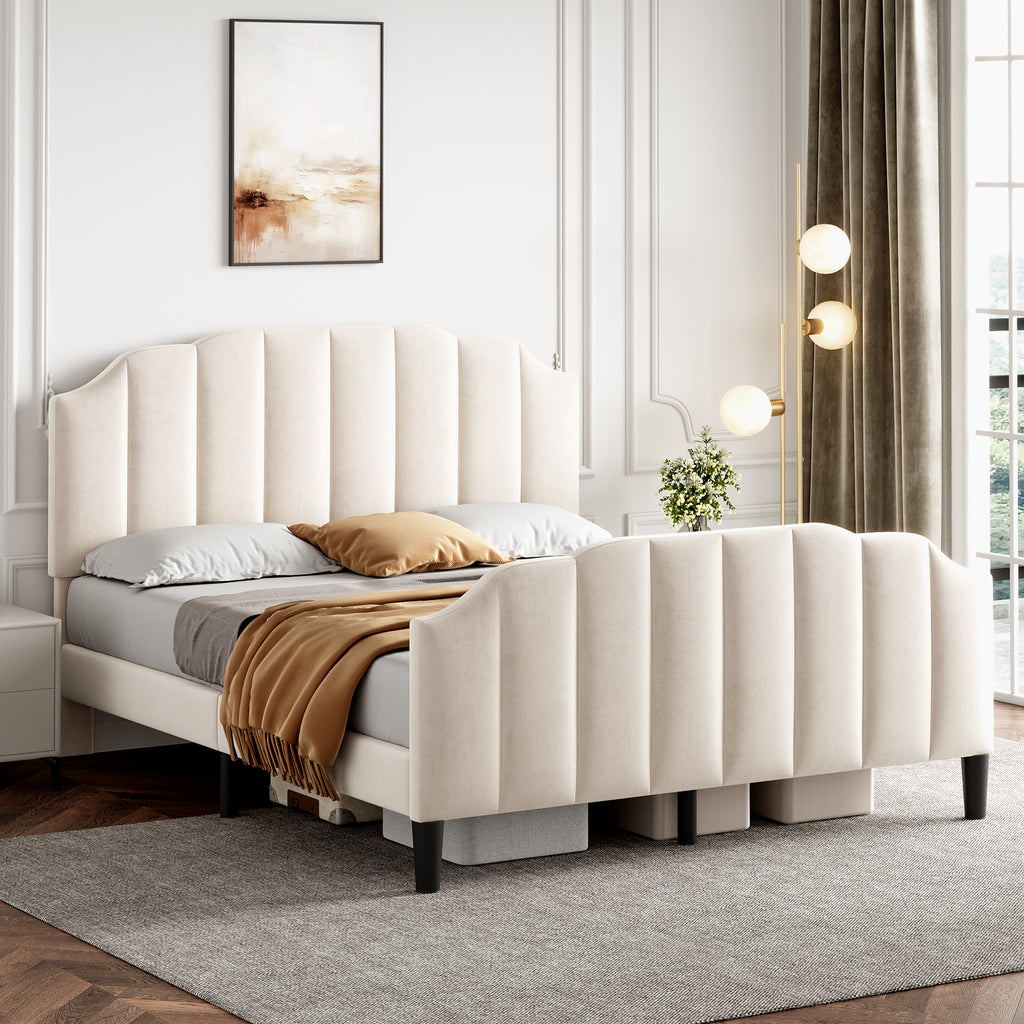 4ft6 Double Upholstered Bed Frame with Adjustable Chic Channel-Tufted Headboard, Velvet Platform Bed Frame with Solid Wood Slat and Mute Foam, No Box Spring Needed, Easy Assembly, Beige (No Mattress)