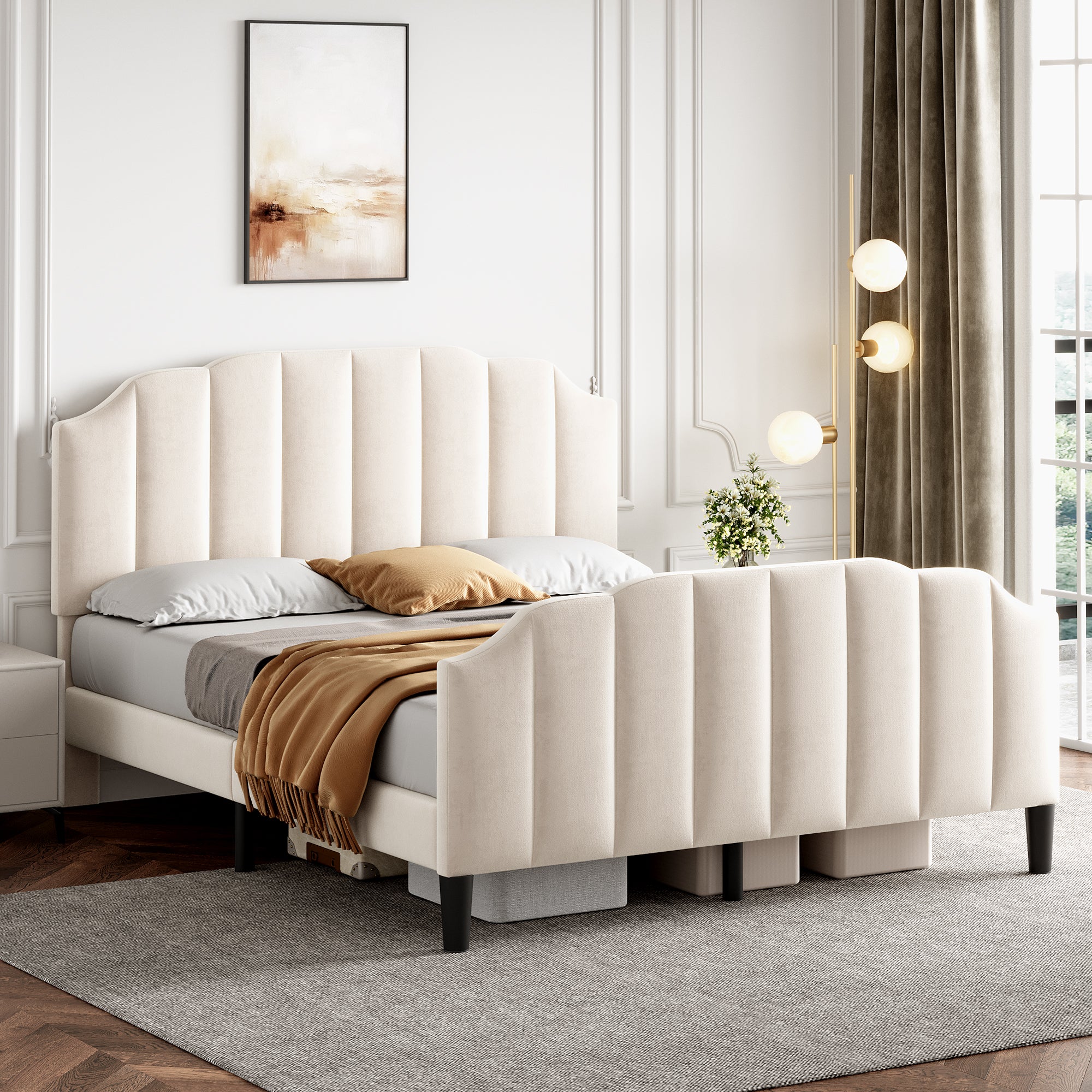 4ft6 Double Upholstered Bed Frame with Adjustable Chic Channel-Tufted Headboard, Velvet Platform Bed Frame with Solid Wood Slat and Mute Foam, No Box Spring Needed, Easy Assembly, Beige (No Mattress)