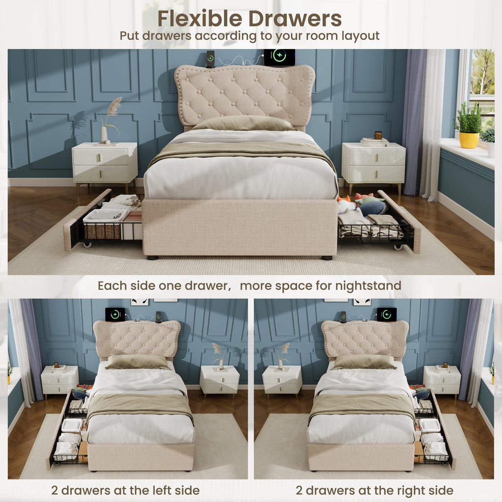 3ft Single Upholstered Bed with Rivet Design and Charging Station, Two Storage Drawers, Adjustable Button Tufted Headboard with USB & Type-C Ports, No Box Spring Needed, Linen, Beige  (No Mattress)