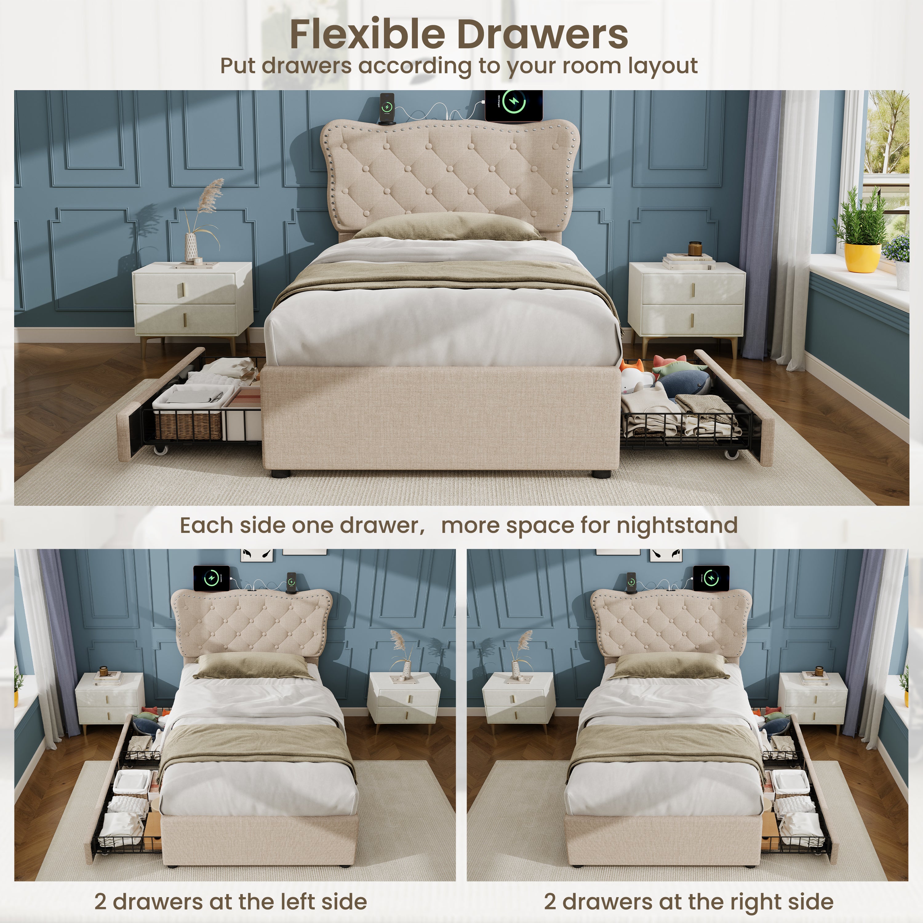 3ft Single Upholstered Bed with Rivet Design and Charging Station, Two Storage Drawers, Adjustable Button Tufted Headboard with USB & Type-C Ports, No Box Spring Needed, Linen, Beige  (No Mattress)