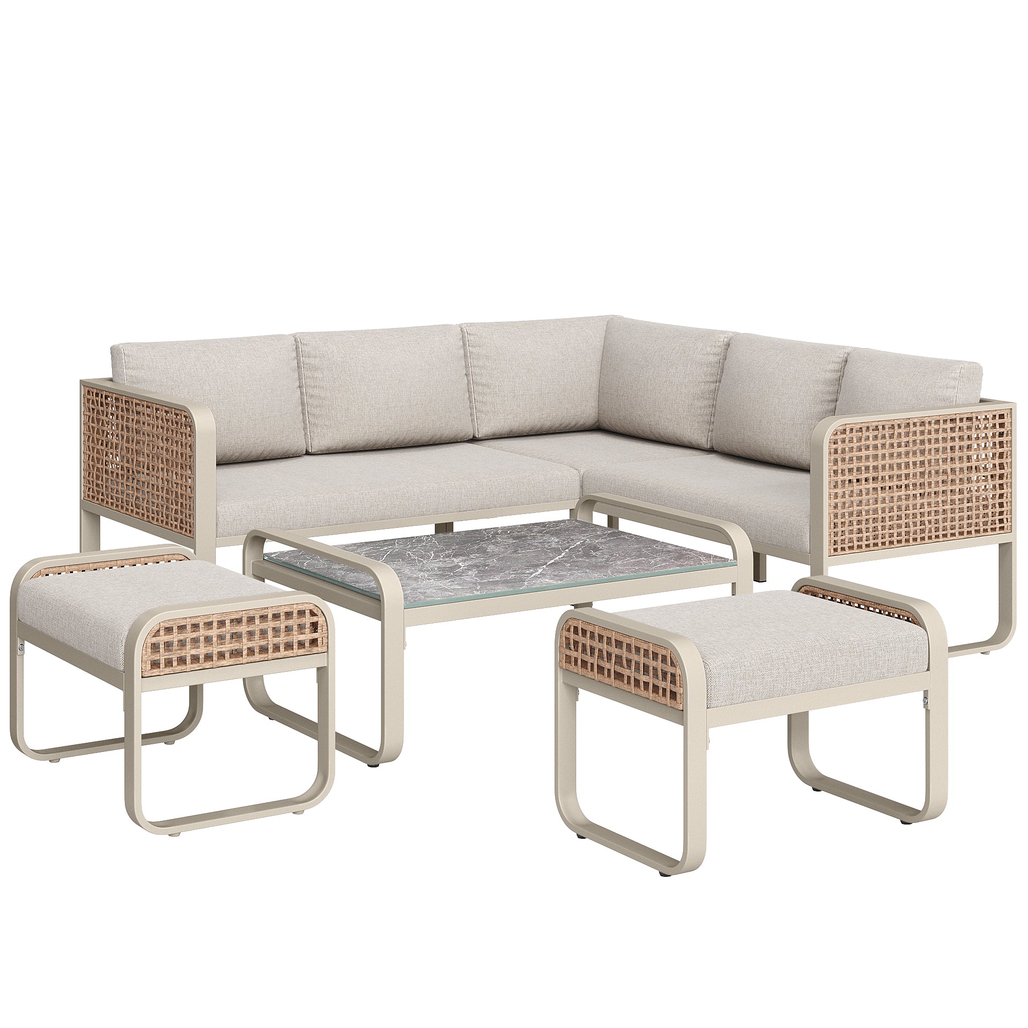 Outdoor garden lounge set, rattan furniture set for 6-7 people, corner sofa with galvanised iron frame, adjustable legs, includes all seat and back cushions, beige