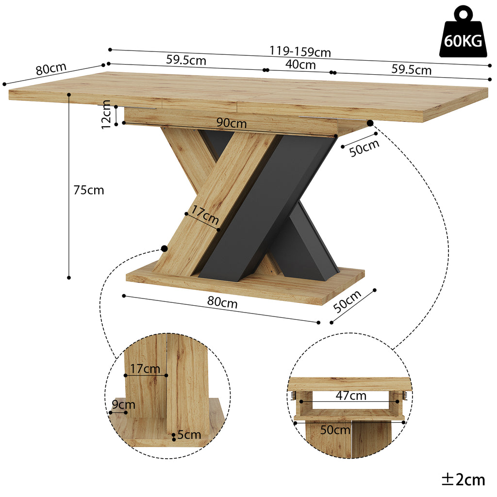Dining table Telescopic table ,  kitchen table, extendable to 119-158.5cm with the aid of internal insert panels, for kitchen and living room, wood-colored dining table with X-shaped legs