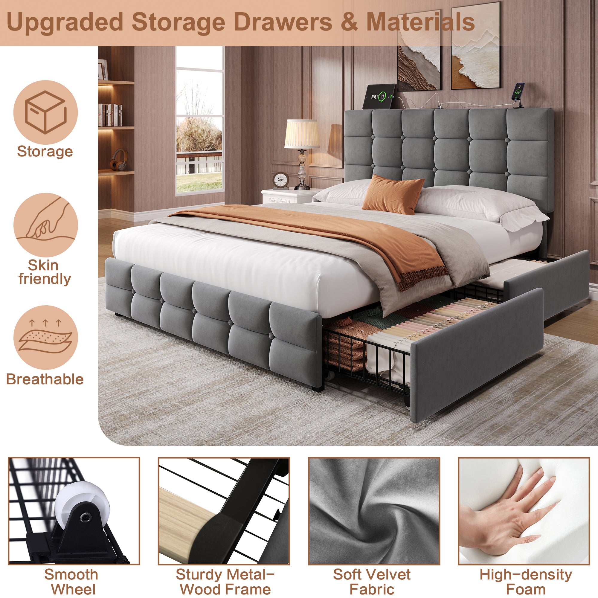 4ft6 Double Upholstered Bed with 4 Storage Drawers, Velvet Bed Frame with Charging Station. Adjustable Button Tufted Headboard with USB and Type - C Ports, No Box Spring Needed, Grey (No Mattress)