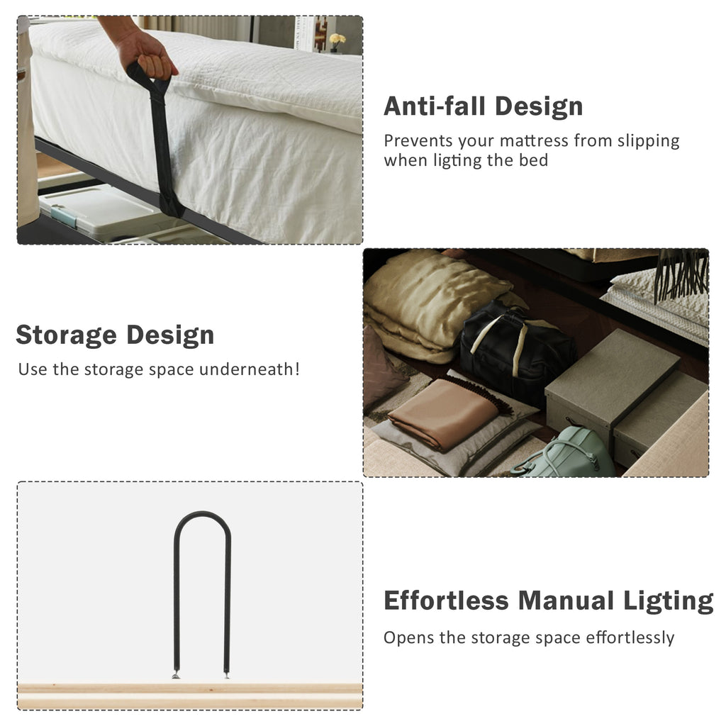 Upholstered Double Bed with USB charging function, storage headboard and LED lighting, 4ft6 Double Bed storage bed frame(135x190cm), Wooden Slatted Frame, Grey (Without Mattress)