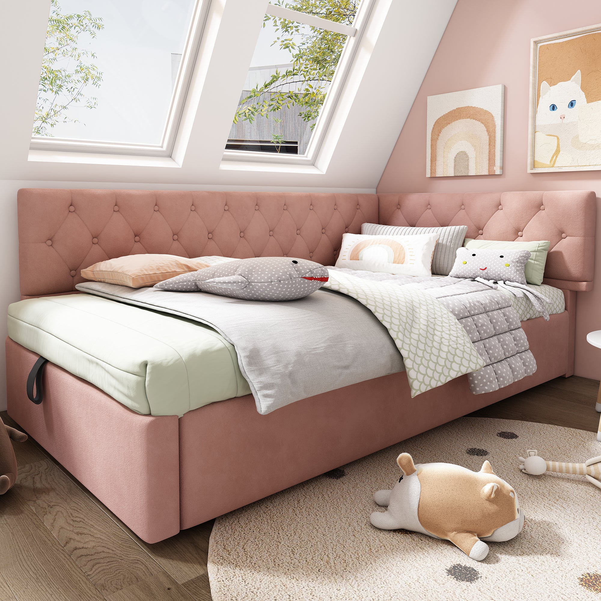 Daybed Upholstered Bed with Storage, 3FT Single Sofa Bed 90 x 190 cm, Ottoman Bed with Hydraulic Storage, Metal Slatted Bed Frame, Velvet, Pink (No Mattress)