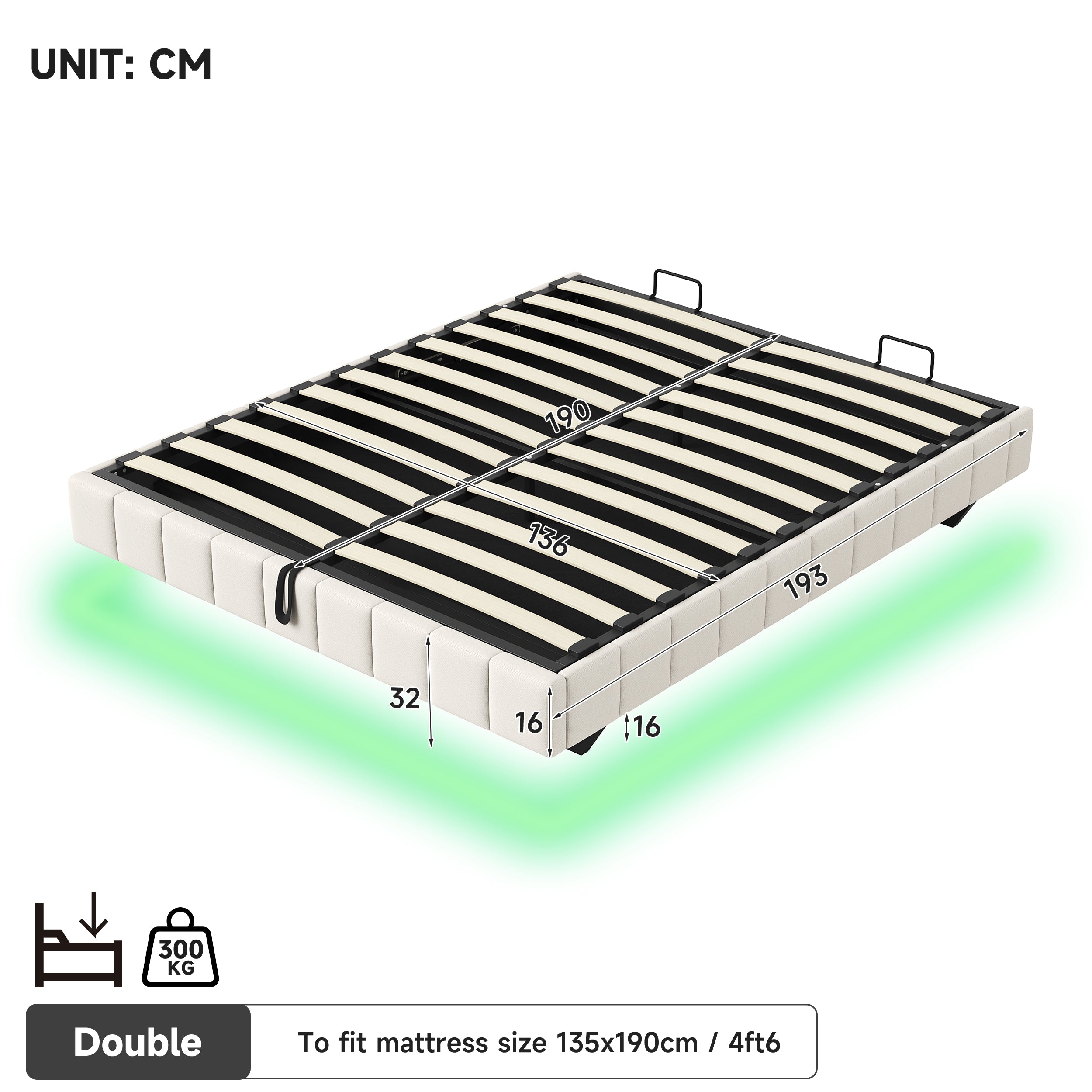 4ft6 Double Floating Bed Frame with Hydraulic Under-bed Storage & Smart RGB LED Lights, No Headboard Upholstered Bed with Concealed Anti-Collision Leg, Linen Fabric, Beige (No Mattress)